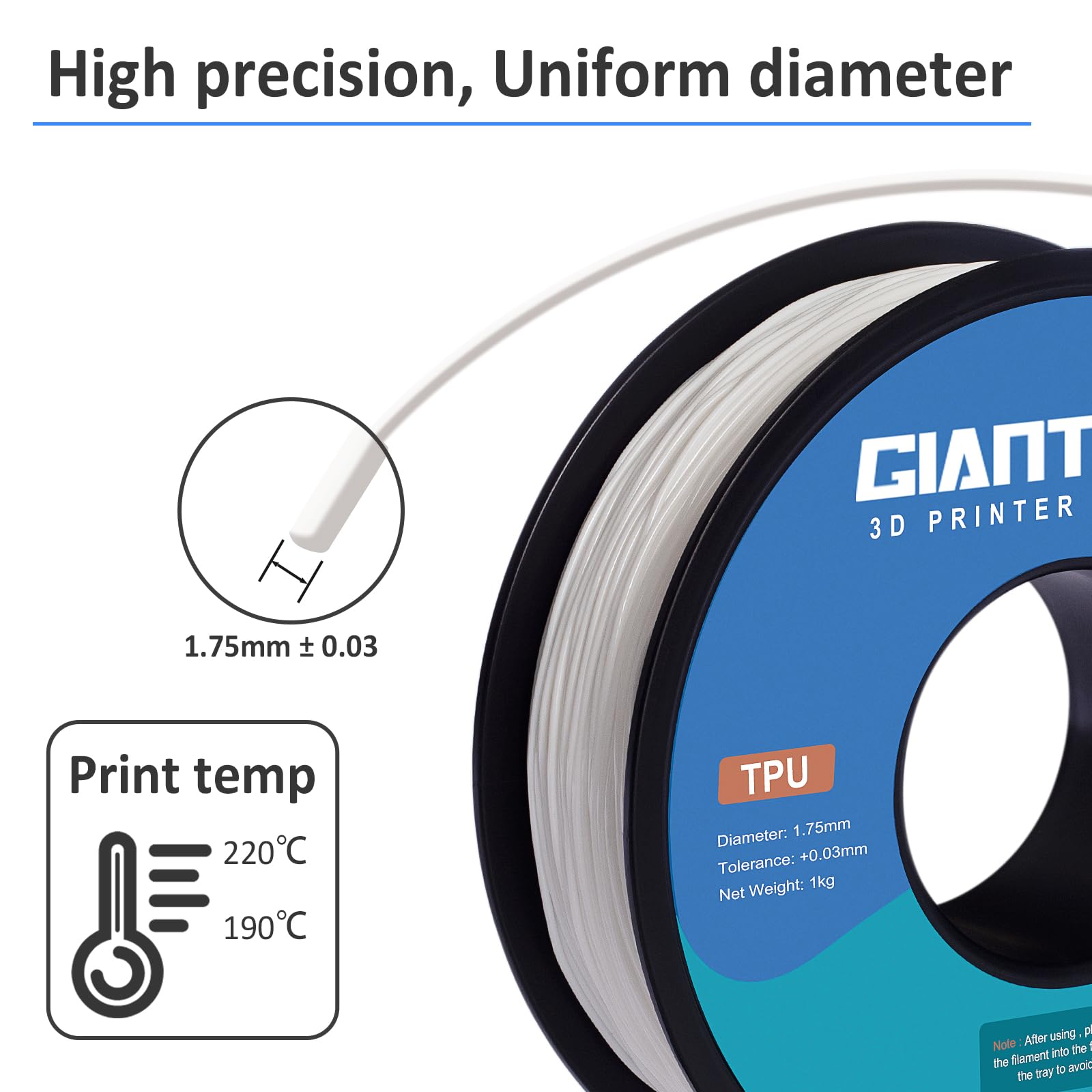 Giantarm Tpu Filament 1.75Mm Flexible Soft 3D Printer Consumables White,95A 1Kg Spool (2.2 Lbs.), Dimensional Accuracy +/  0.05