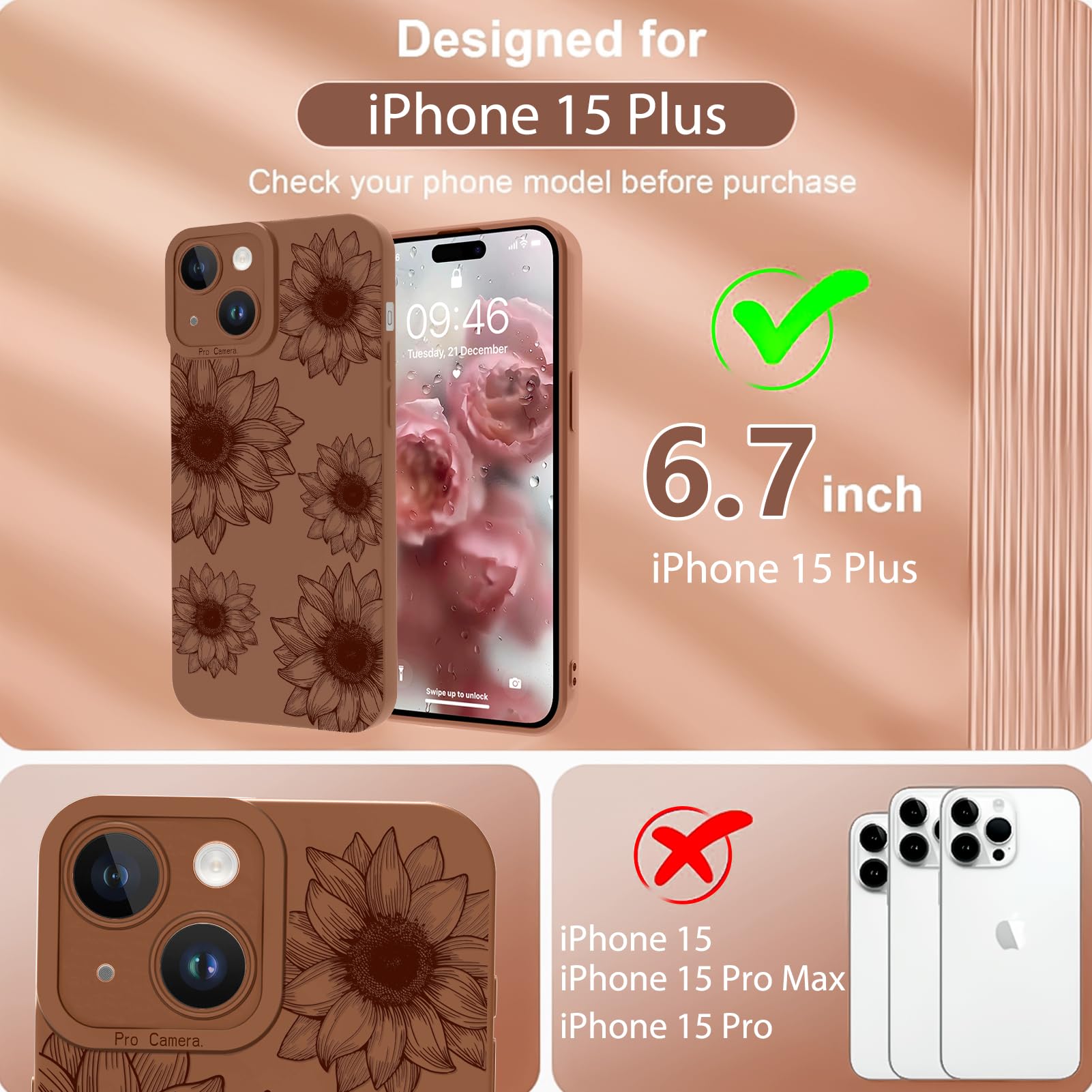 Ook Floral Case For Iphone 15 Plus Case, Cute Sunflower Floral Blooms Design Soft Tpu Shockproof Protective For Women Girls Slim
