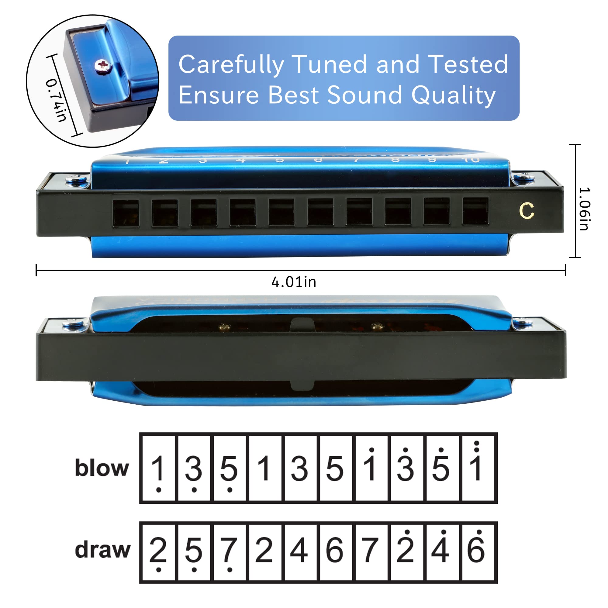 East Top Blues Harmonica, Diatonic Harmonica Key Of C 10 Holes 20 Tones Mouth Organ Blues Harp Harmonica For Adults, Kids, Begin
