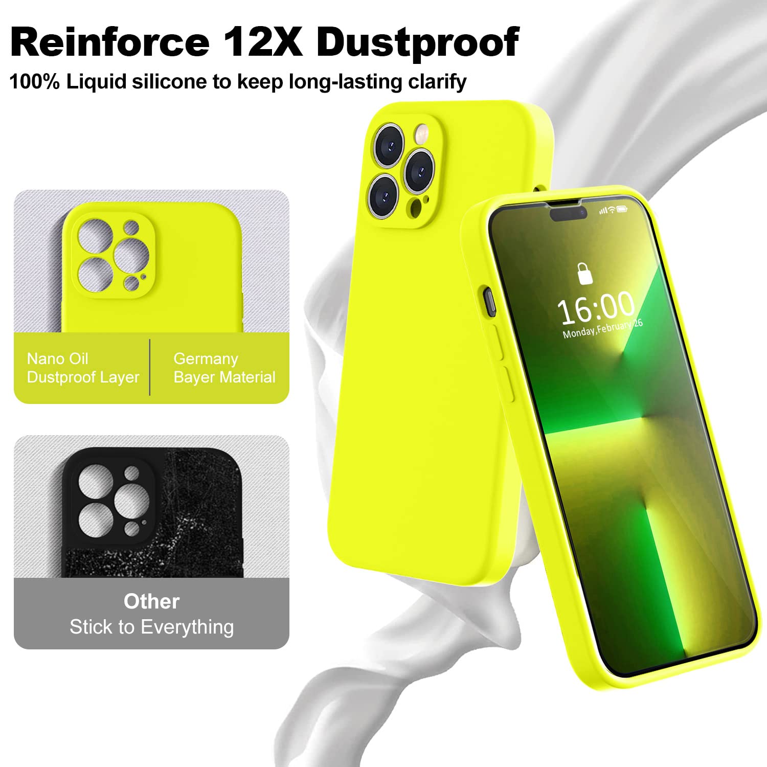BossKiss iPhone 14 Pro Max Case Liquid Silicone Velvety Touch with 2 Screen Protectors Neon Lemon 6.7 inch