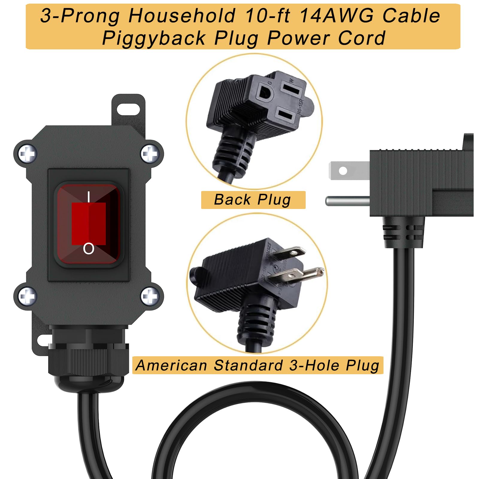 Karlkers Inline Cord Switch With 10Ft 14Awg Cable Piggyback Plug(3 Pronged), Ip67 Waterproof Extension Cord With On/Off Switch,