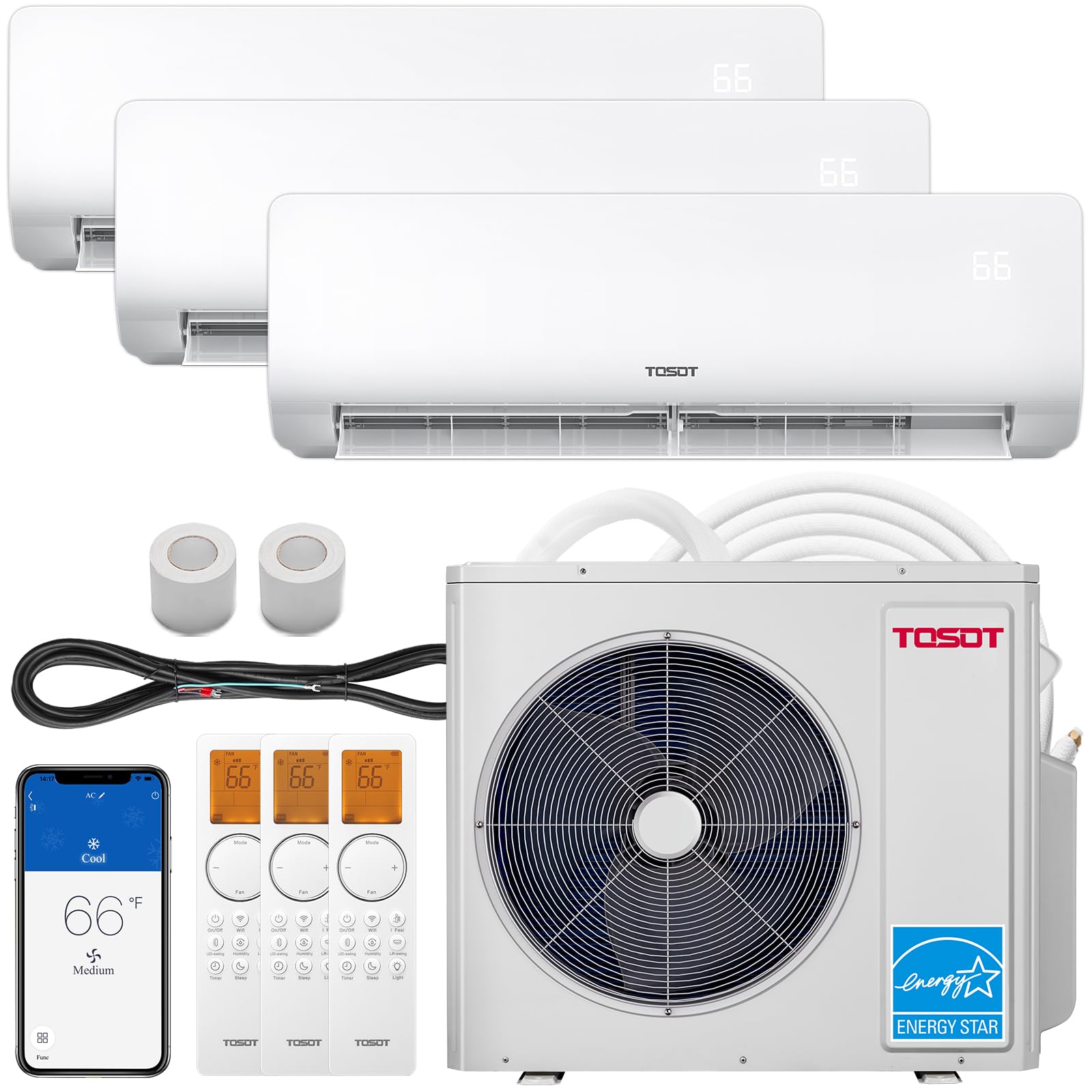 TOSOT 30,000 BTU Tri 3 Zone Mini Split AC with Heat Pump, 21 SEER2, 230V, Wifi-Enabled Ductless Inverter Split System with 16.4