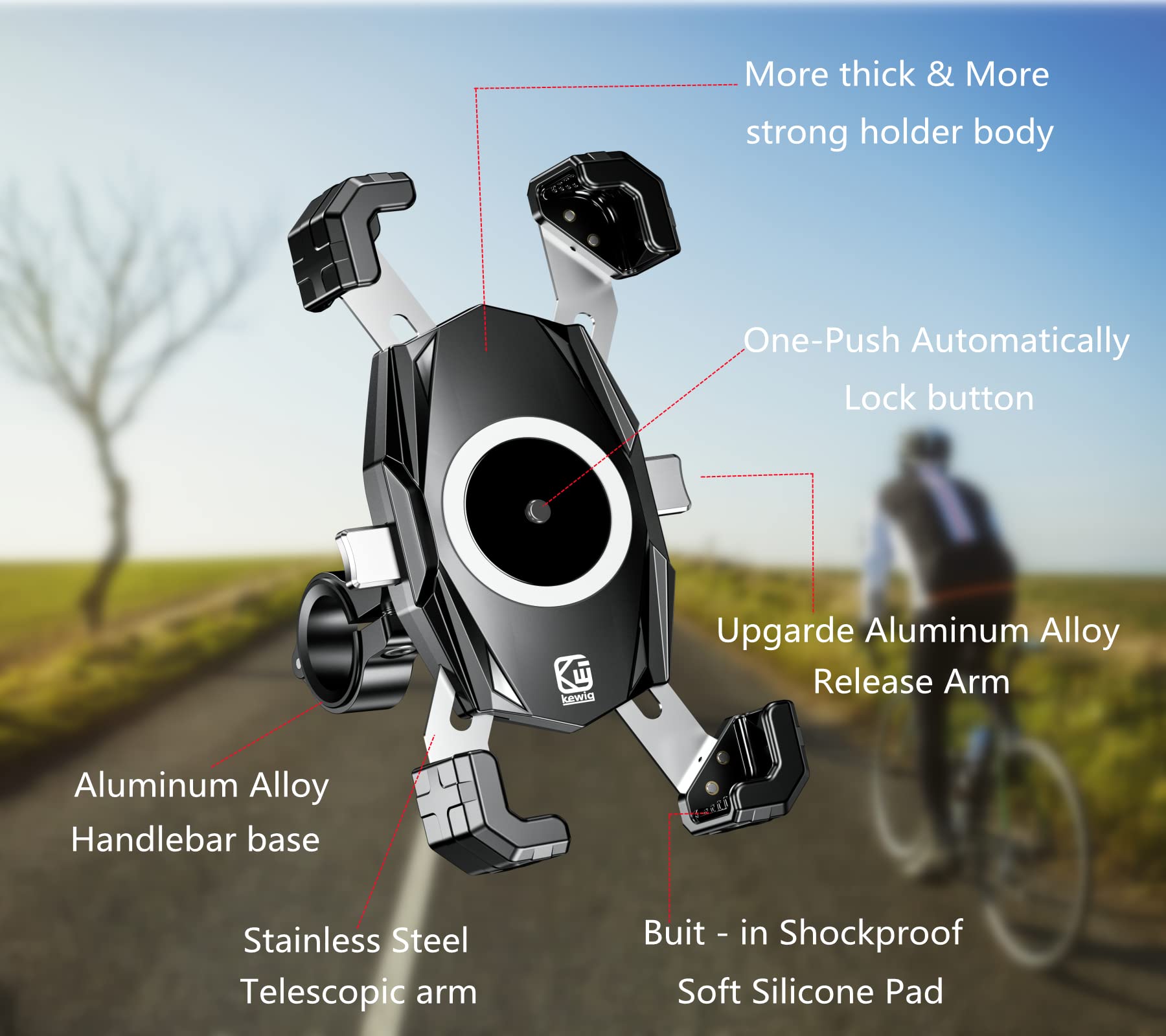 Kewig Motorcycle Phone Mount, Bike Phone Mount, 1S One Push Automatically Lock & Release, Bicycle Scooter Phone Handlebar Clip C