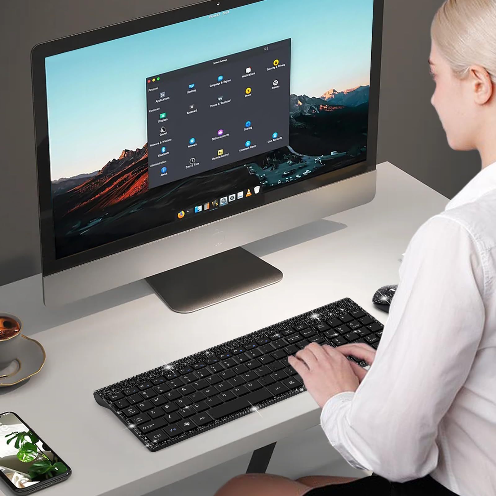 Dazzling Luxury Keyboard And Mouse Wireless, Sparkly Bling Rhinestone Wireless Mouse And Keyboard Gift Set (Black)