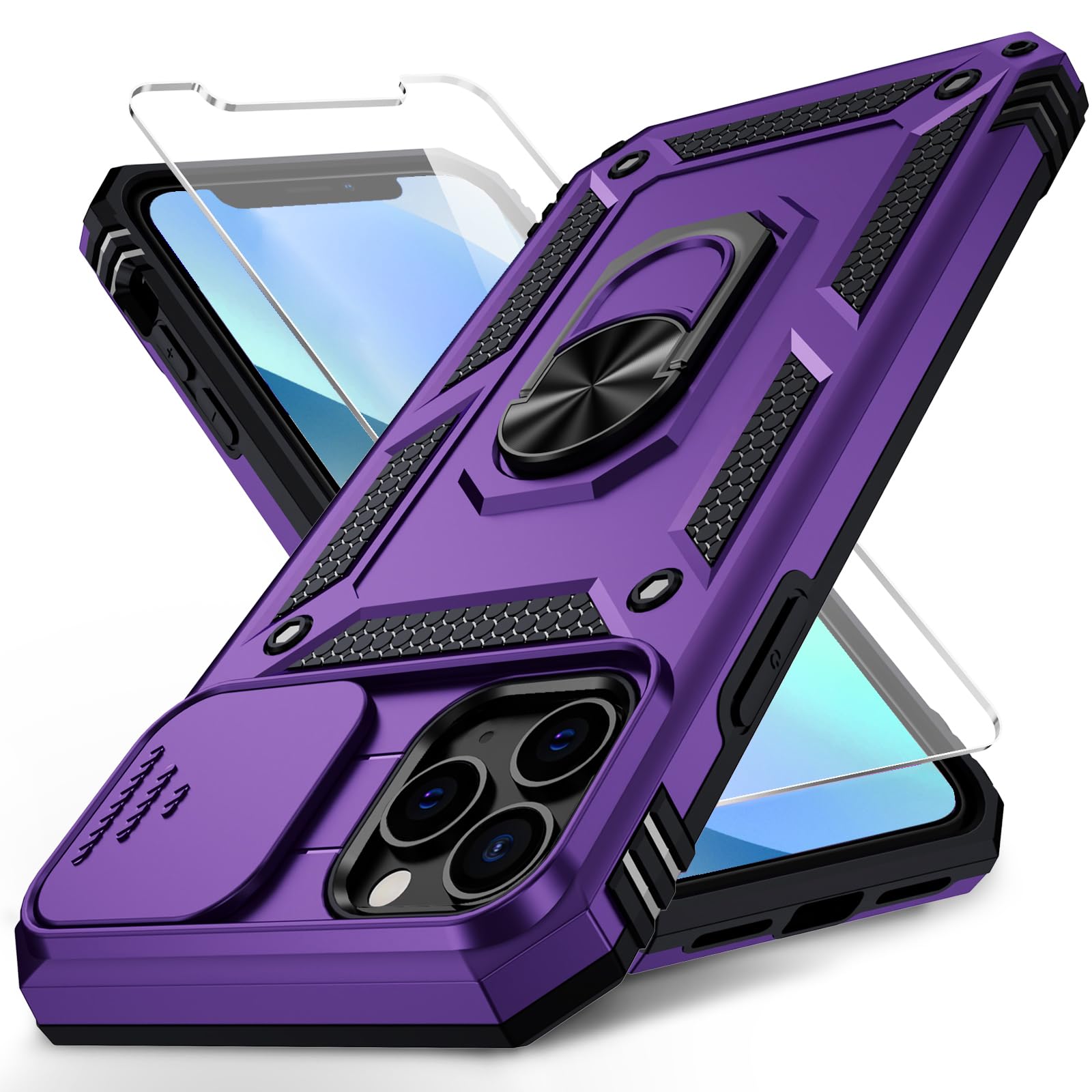 Weycolor For Iphone 11 Pro Case With Camera Lens Cover, Hd Screen Protector, 10 Ft Military Grade Drop Protection, Magnetic Ring