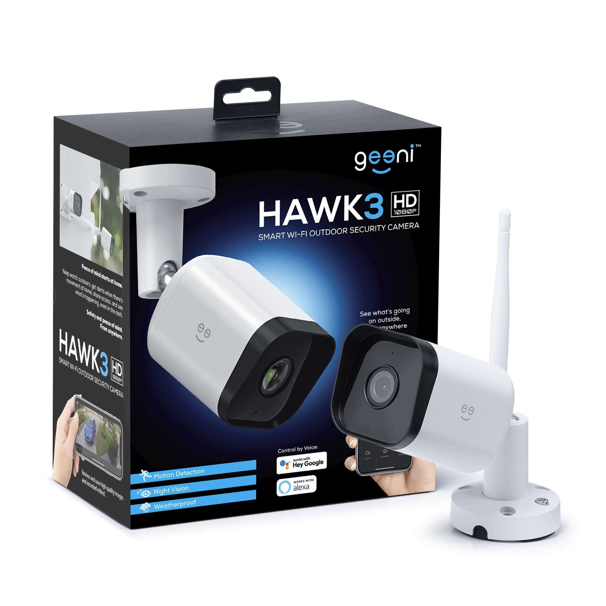 Geeni Hawk 3 Outdoor Security Camera, 1080P Hd, Weatherproof, Motion Detection, Night Vision, Two Way Audio, Alexa/Google Compatible