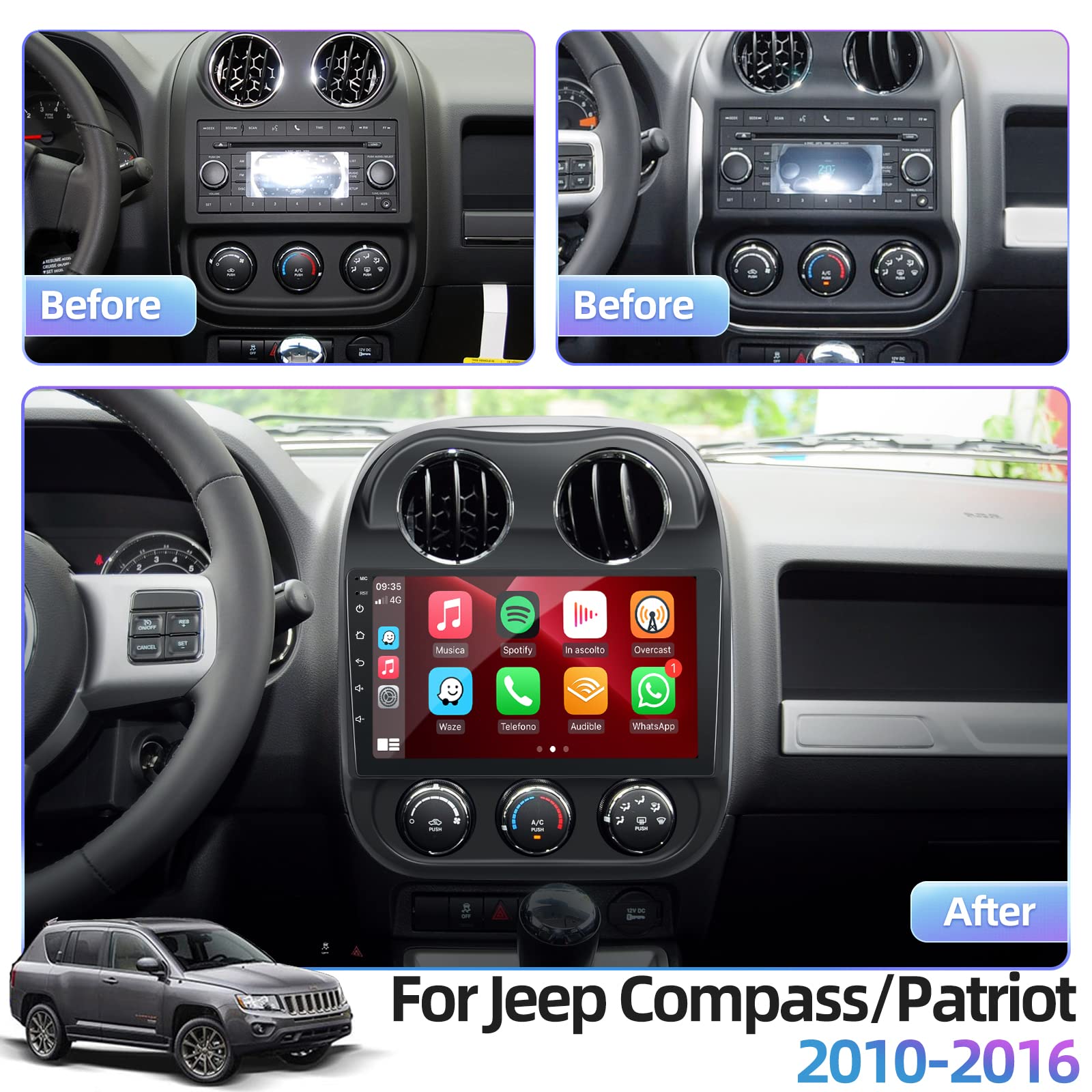 [2+32G] Android 13 Car Radio For Jeep Compass Patriot 2010 2011 2012 2013 2014 2015 2016, 10.1 Inch Touchscreen Bluetooth Stereo