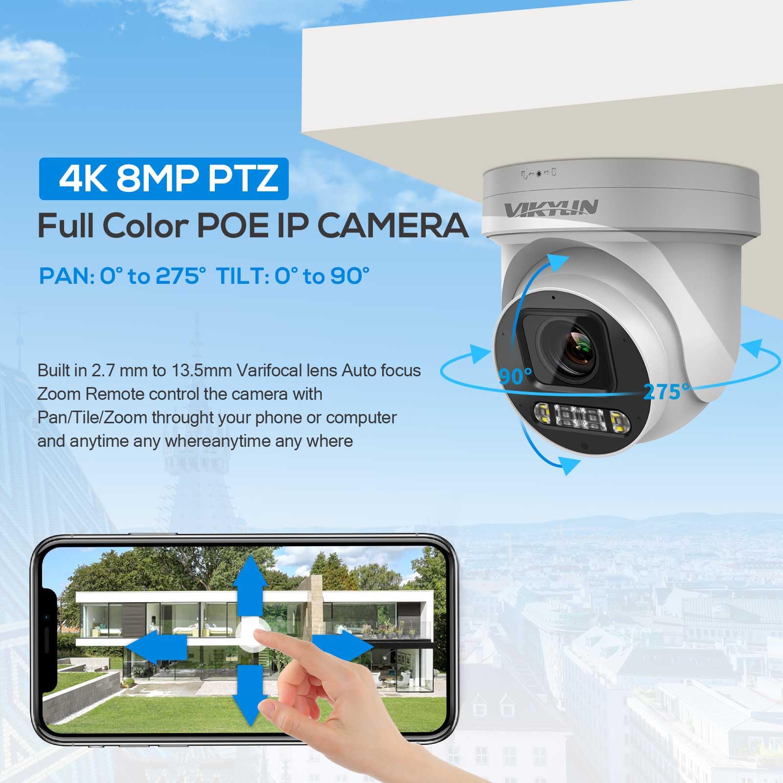 Vikylin 4K 8Mp Ptz Ip Poe Camera,5X Optical Zoom 2.7~13.5Mm Lens, Spotlight Color Night Vision,Sound Alarm,2  Way Audio,Sd(512Gb