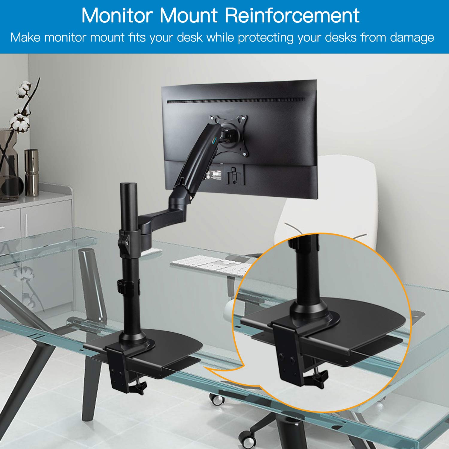 Huanuo Steel Monitor Mount Reinforcement Plate For Thin, Glass And Other Fragile Tabletop, Steel Bracket Plate Fits Most Monitor Stand C Clamp Installation