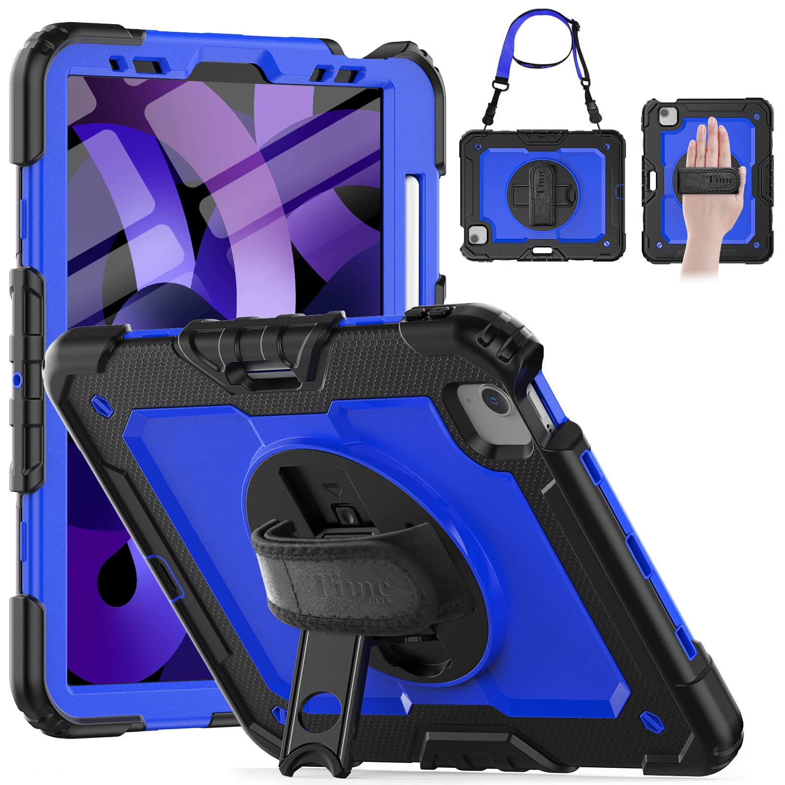 Timecity 3 Layer Heavy Duty Rugged Case For Ipad Air 5Th/4Th Gen, 10.9Inch, 2022/2020, W/Swivel Kickstand, Hand Strap, Pencil Ho