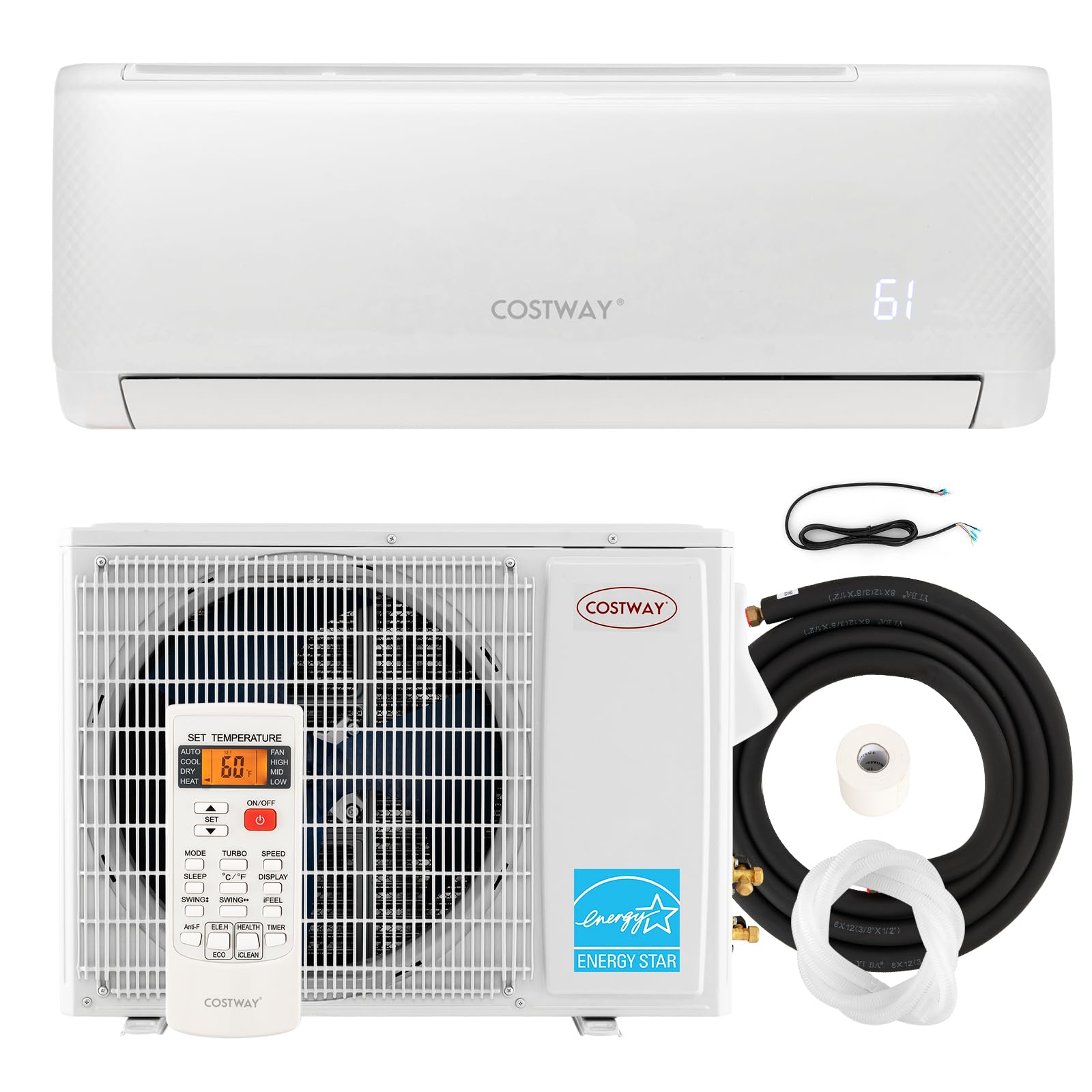 Costway 12,000 Btu Mini Split Air Conditioner, With Heat Pump, Energy Star, 21 Seer2 Inverter, 24H Timer, Auto Clean, Remote Con