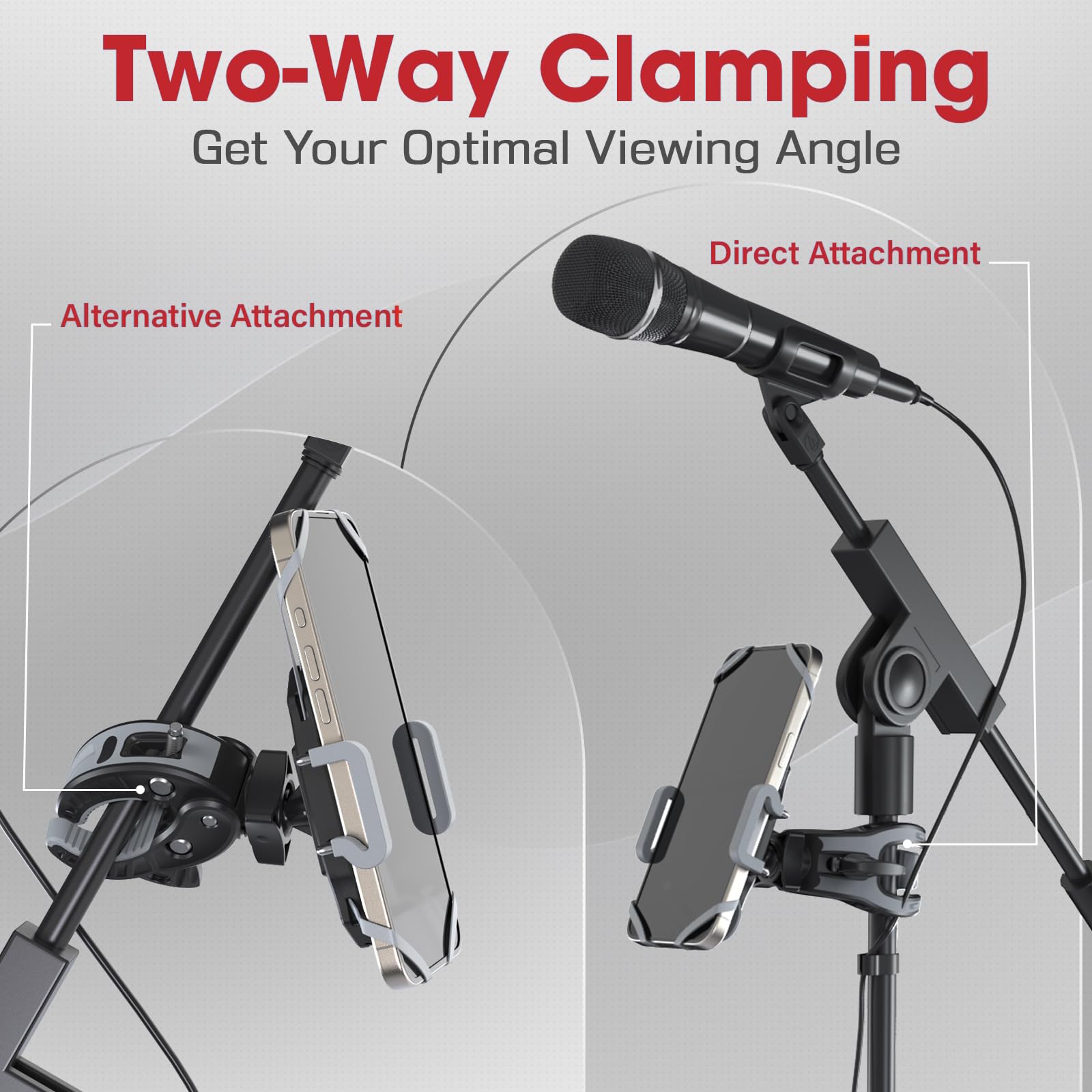 Crescendo CR 30 SlimClip Mic Stand Phone Holder, iPhone Clamp Mount, Pole Phone Mount, Microphone, Music or Drum Stand, Mic/Phone Clip   for iPhone, Samsung Galaxy, Pixel, Any Smartphone (Grey)