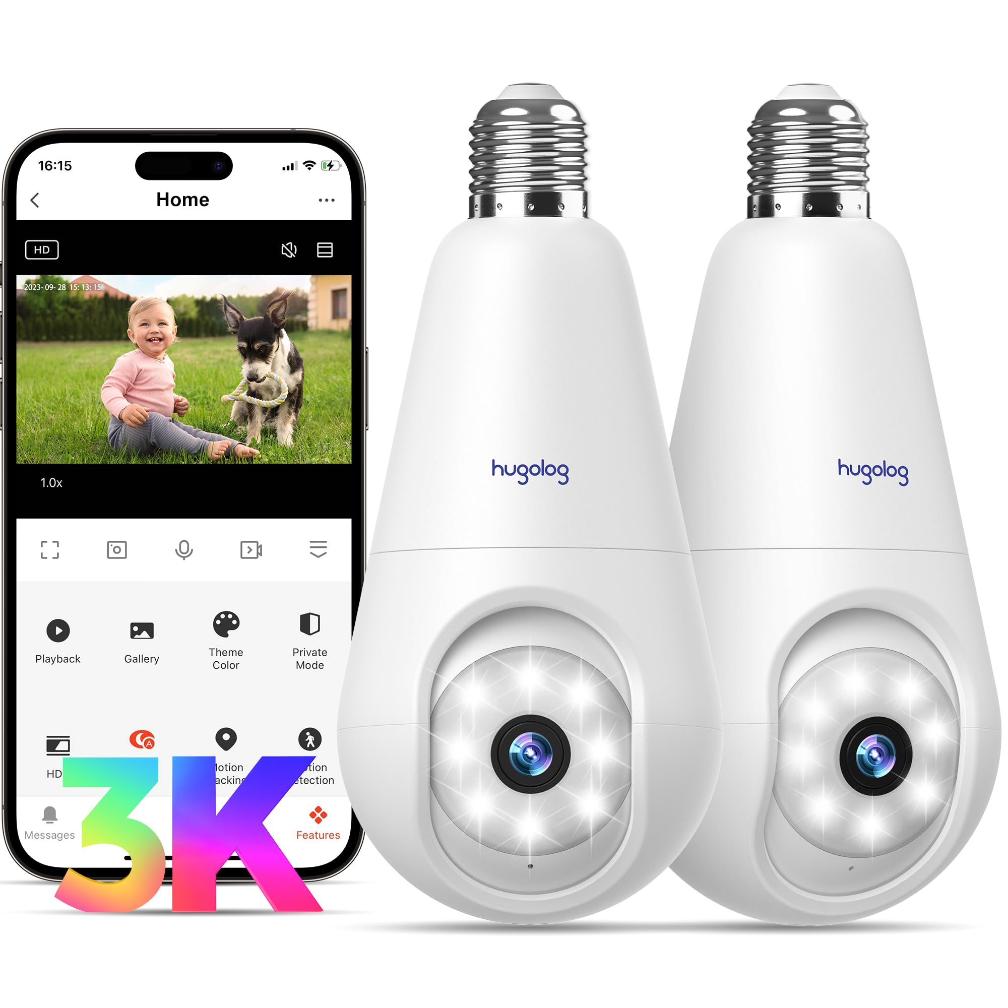 Hugolog 3K Light Bulb Security Cameras Wireless Outdoor 2.4Ghz Cameras For Home Security Indoor With Ai Sound Processing, Motion