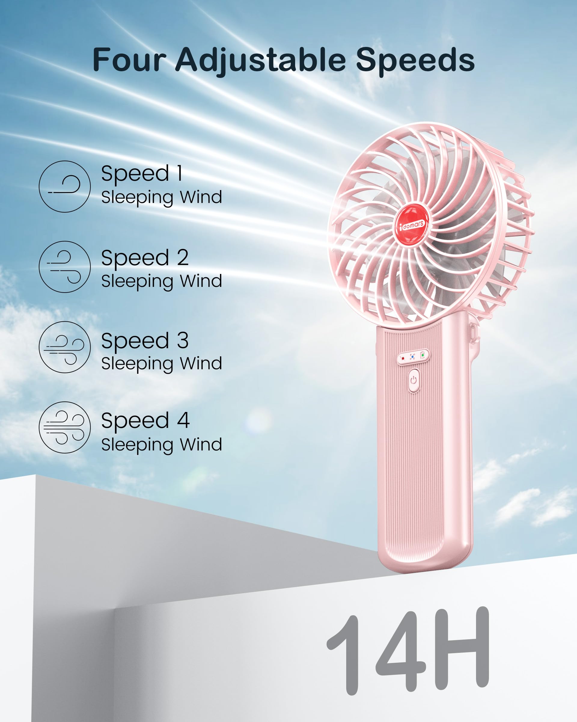 Small Portable Fan Handheld And Rechargeable: Pink Mini Hand Fans 4 Speeds Adjustable Cool Air Wind Multi Angle Folding Battery