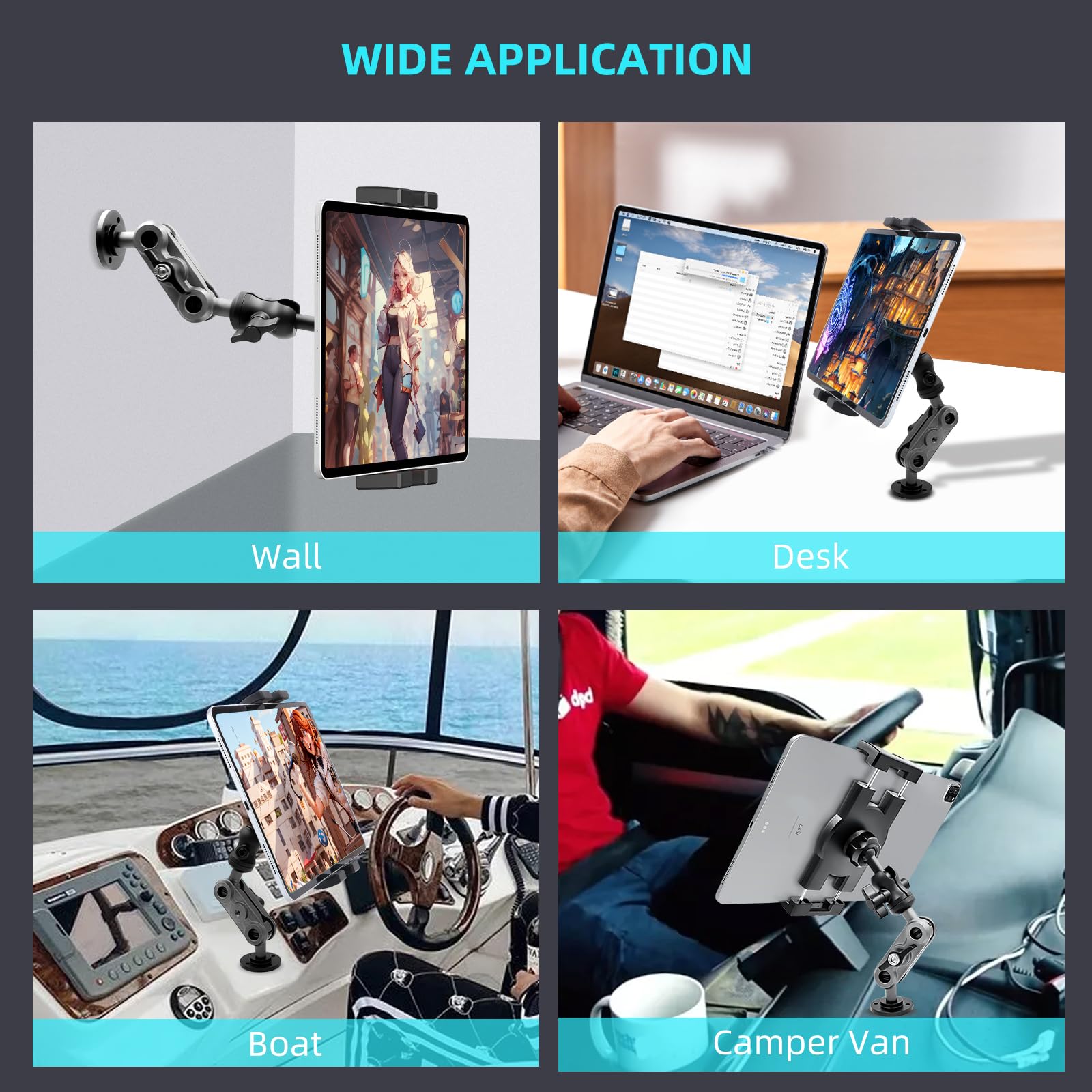Aluminum Heavy Duty Drill Base Tablet Holder Car Mount Dashboard, 360 Adjustable 2 Stage Stand For 4.7 12.9'' Ipad Pro/Air/Mini/