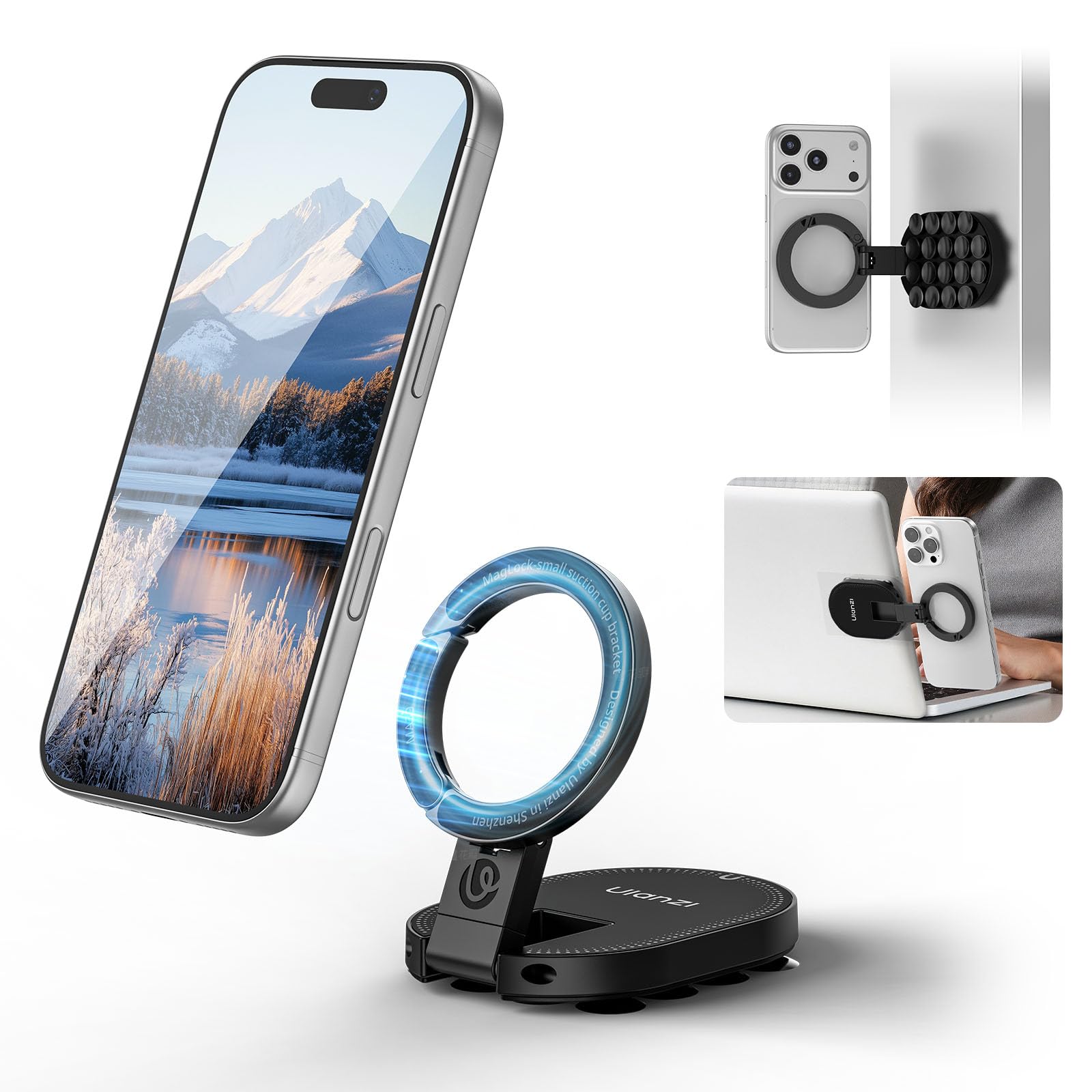 ULANZI MA39 3-in-1 Suction Magnetic Phone Holder for MagSafe, 360 Rotatable Phone Tripod Mount with Carabiner Clip, Compatible w