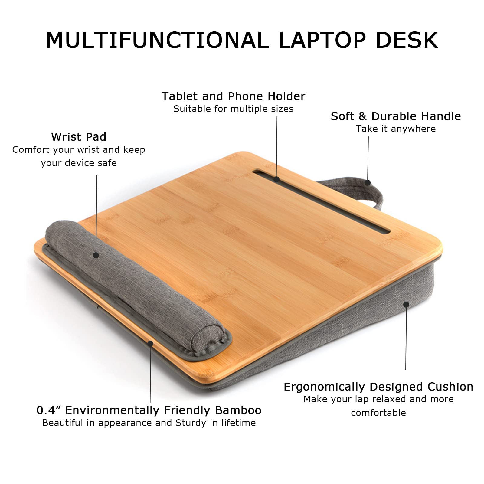 Sumisky Lap Desk Portable Laptop Stand With Cushion, Bamboo Platform With Phone Holder, Wrist Pad Fits Up To 15.6 Inch Laptops