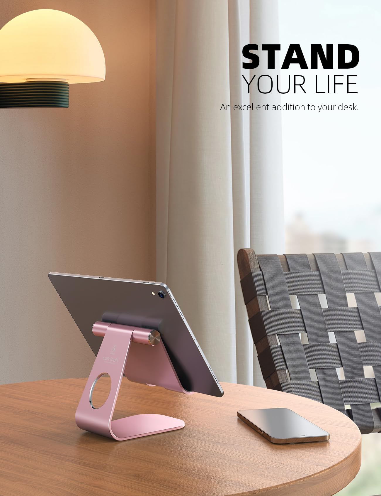 Lamicall Tablet Stand Adjustable, Tablet Stand : Desktop Stand Holder Dock Compatible with Tablet Such as iPad 2018 Pro 9.7, 10.5, Air Mini 4 3 2, Kindle, Nexus, Tab, E Reader (4 13'')   Rose Gold