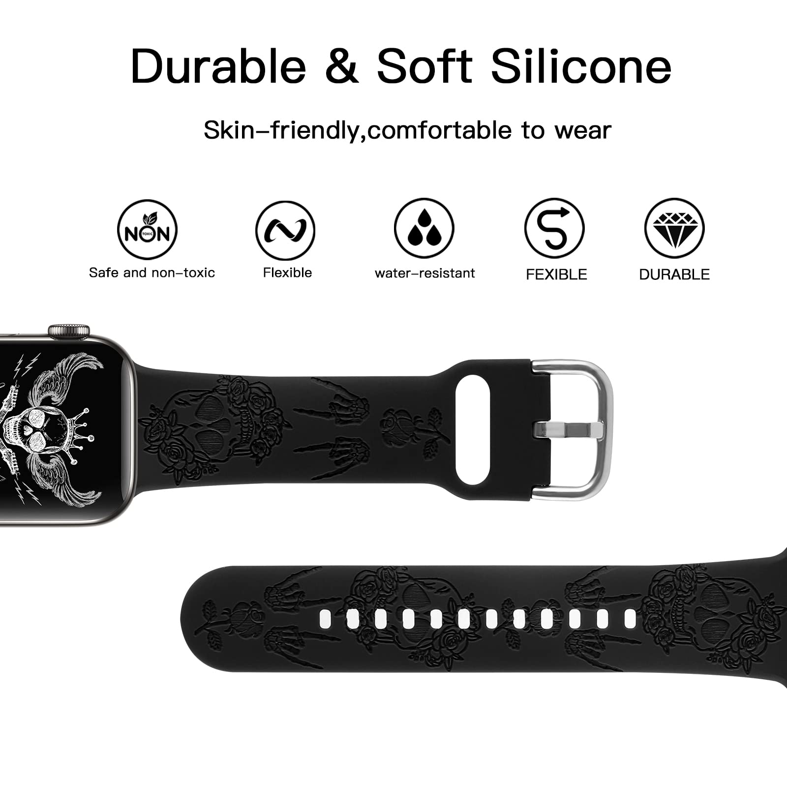 Halloween Floral Engraved Silicone Band Compatible With Apple Watch 38Mm 40Mm 41Mm For Women Men,Skull Pattern Laser Printed Sof