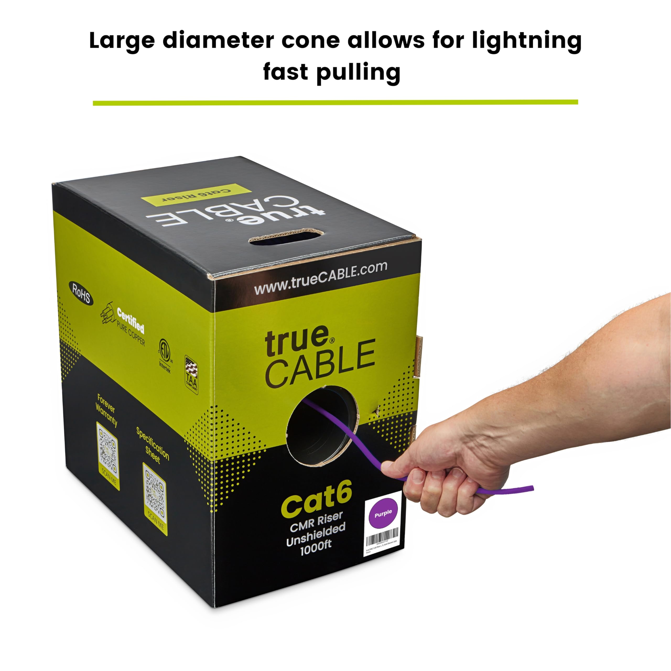 TRUE CABLE Cat6 Riser Ethernet Cable 550MHz PoE++ UTP Solid Bare Copper Purple 1000ft 23AWG 4 Pair ETL Listed