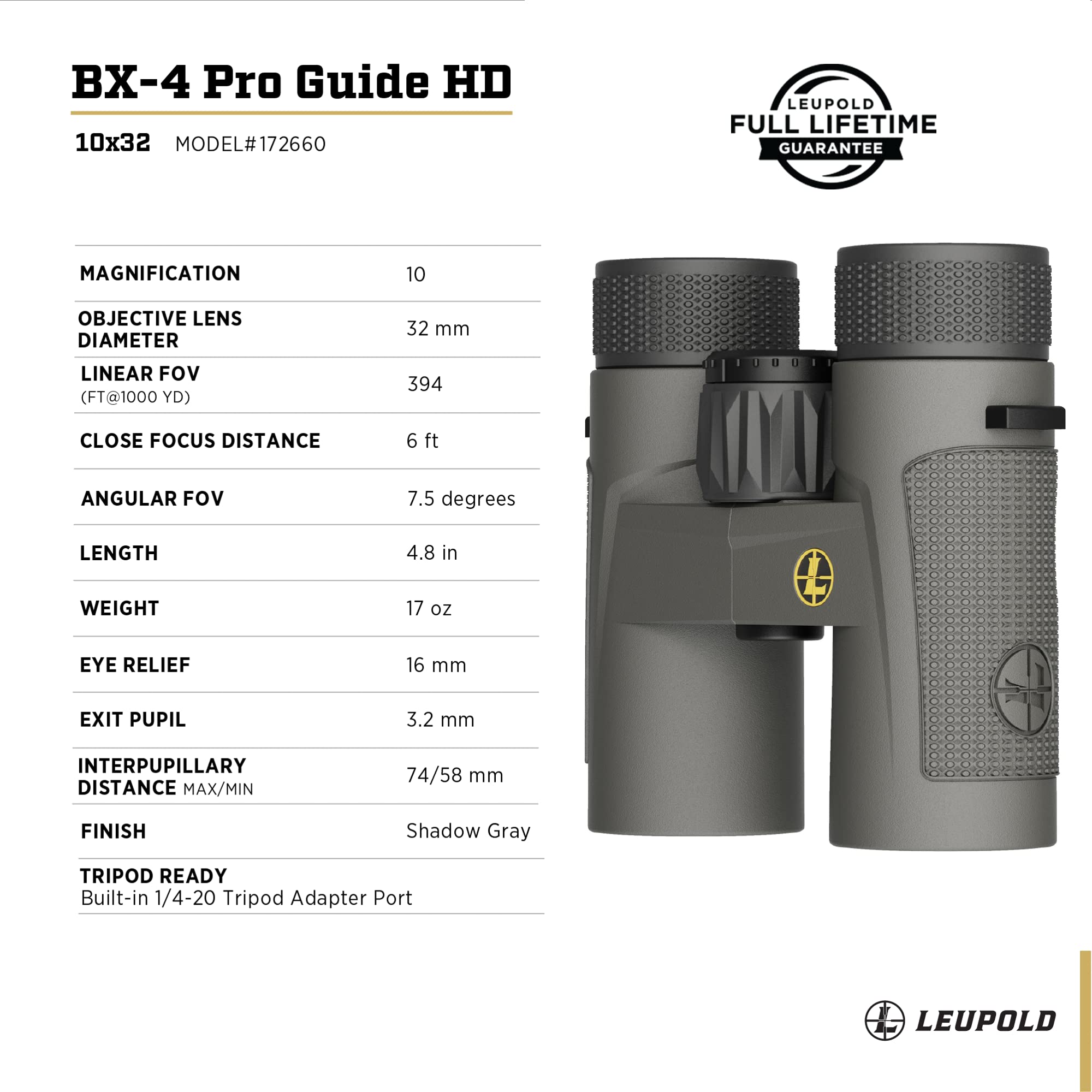 Leupold Bx 4 Pro Guide Hd Binoculars, 10X32Mm, Shadow Gray (172660)