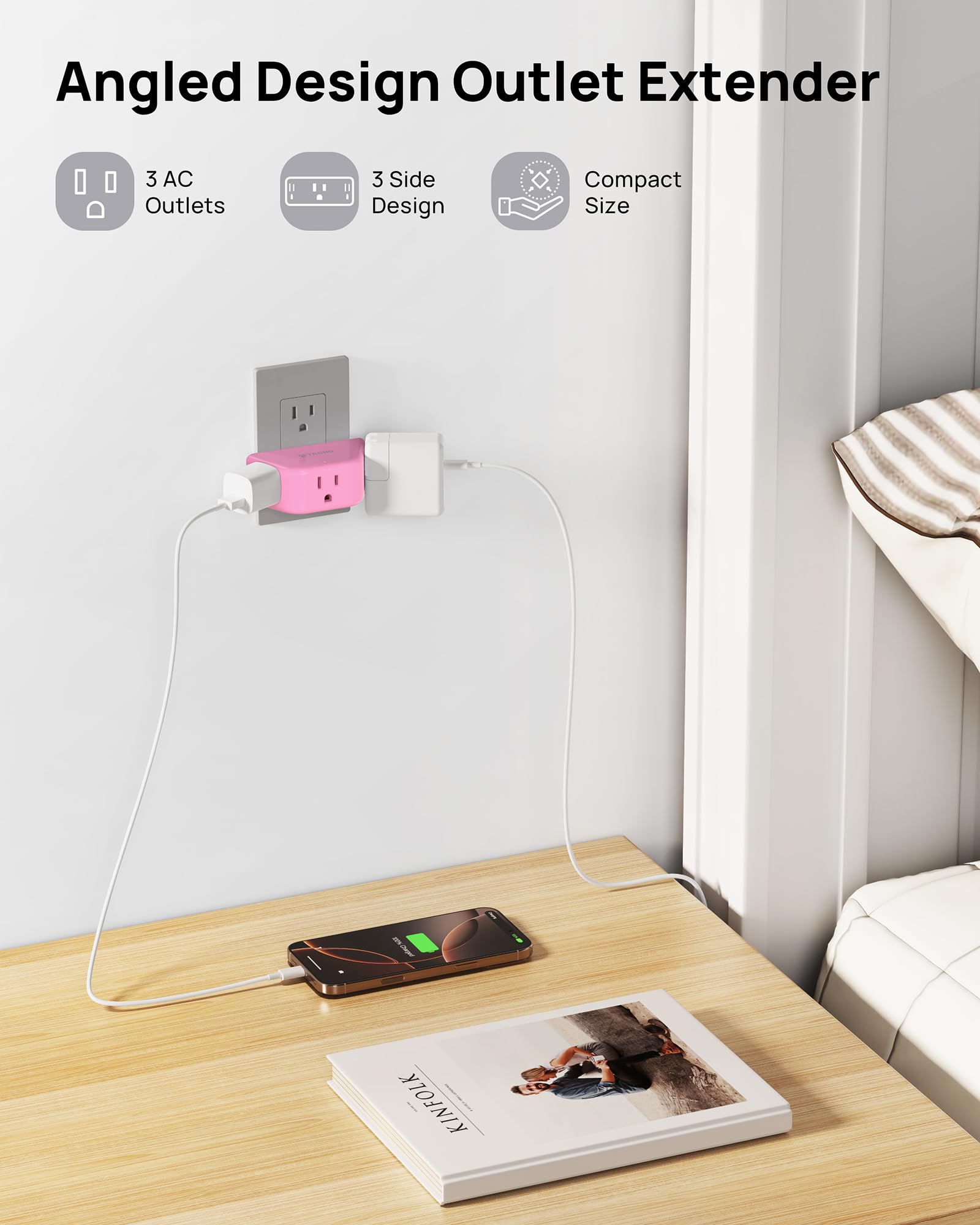 Trond Pink Outlet Extender - Multi Plug Outlet With 3-Prong Grounded Sockets, 3 Way Angled Plug Splitter, Compact And Practical