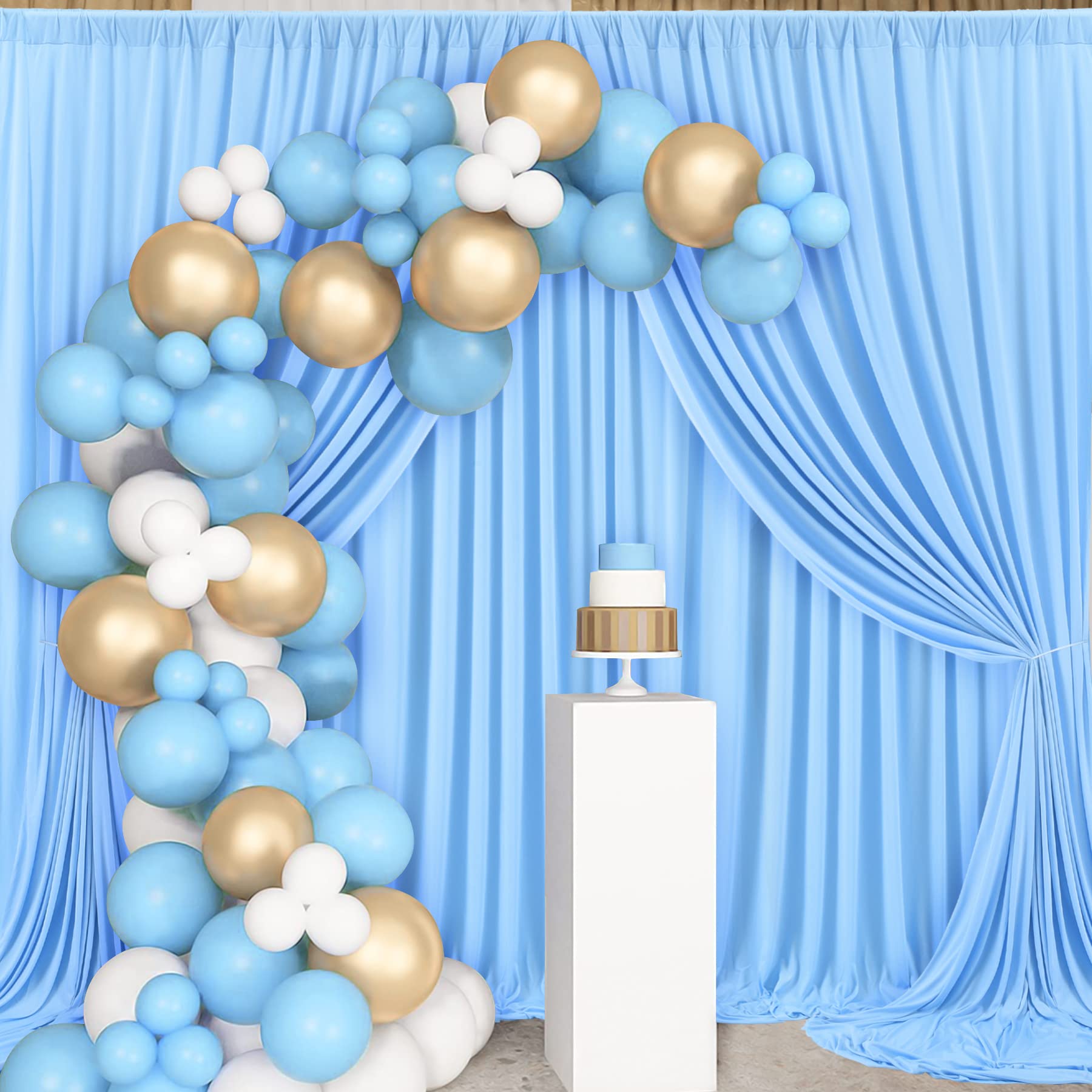 10 Ft X 10 Ft Wrinkle Free Baby Blue Backdrop Curtains For Baby Shower Parties, Polyester Light Blue Photo Backdrop Drapes For B