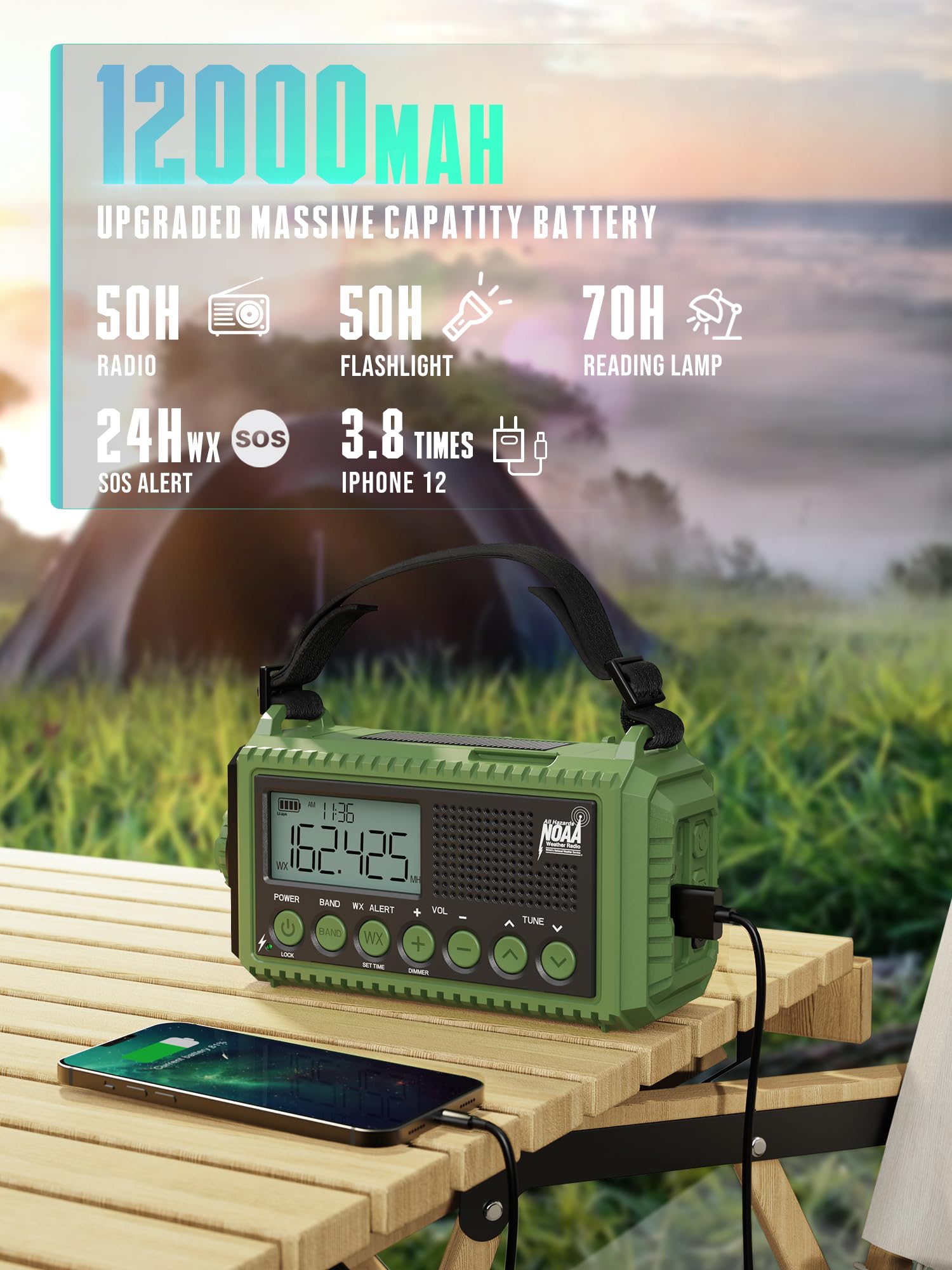 Emergency Radio  Auto Noaa Weather Radio, 12000Mah Battery Operated Hand Crank Radio, Solar Portable Am/Fm/Sw Weather Alert Radi