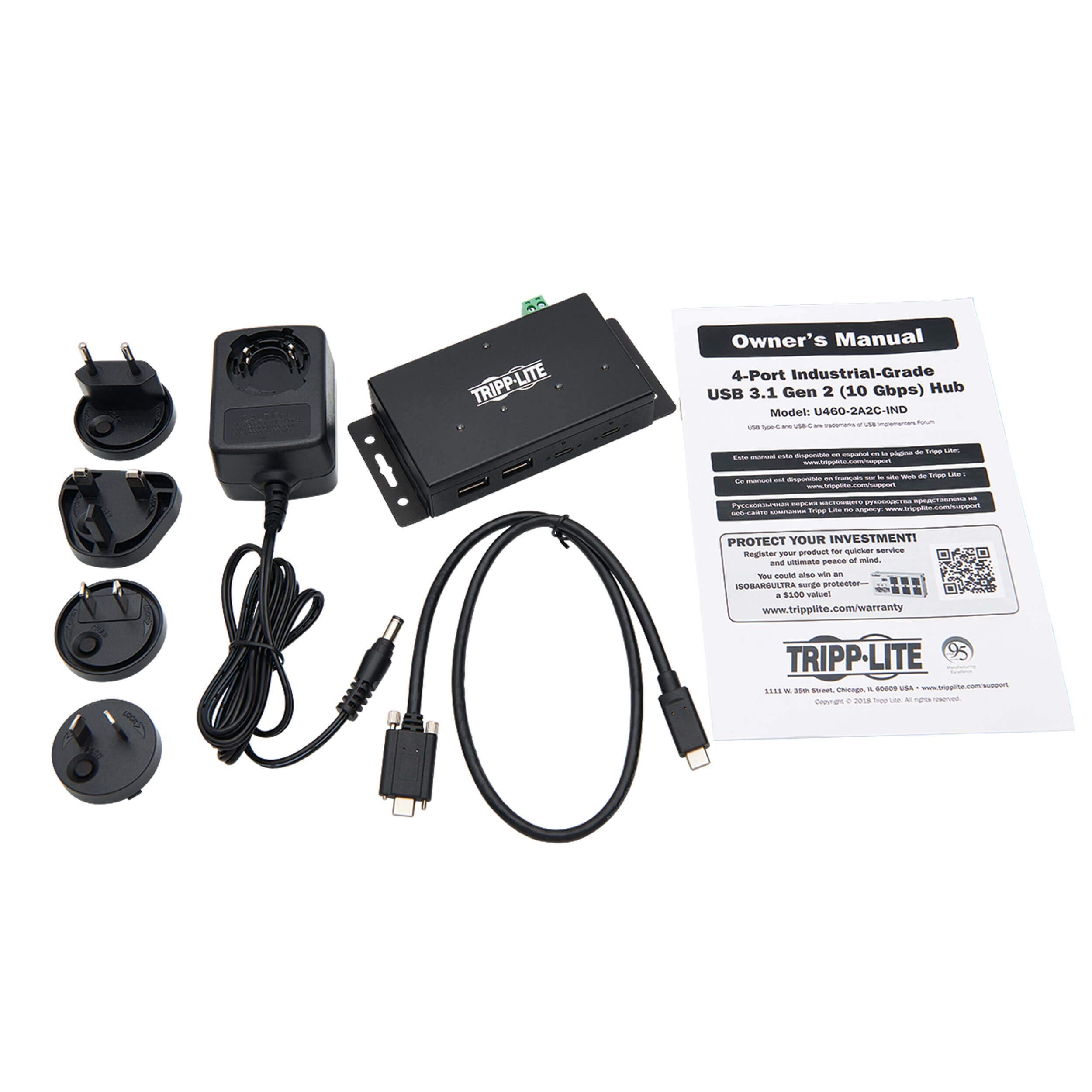 Tripp Lite 4 Port Usb Hub, Industrial Usb Hub, Usb 3.1 Hub, Gen 2, 10 Gbps, 2 Usb C, 2 Usb A, 15 Kv Esd Protection, Iron Housing