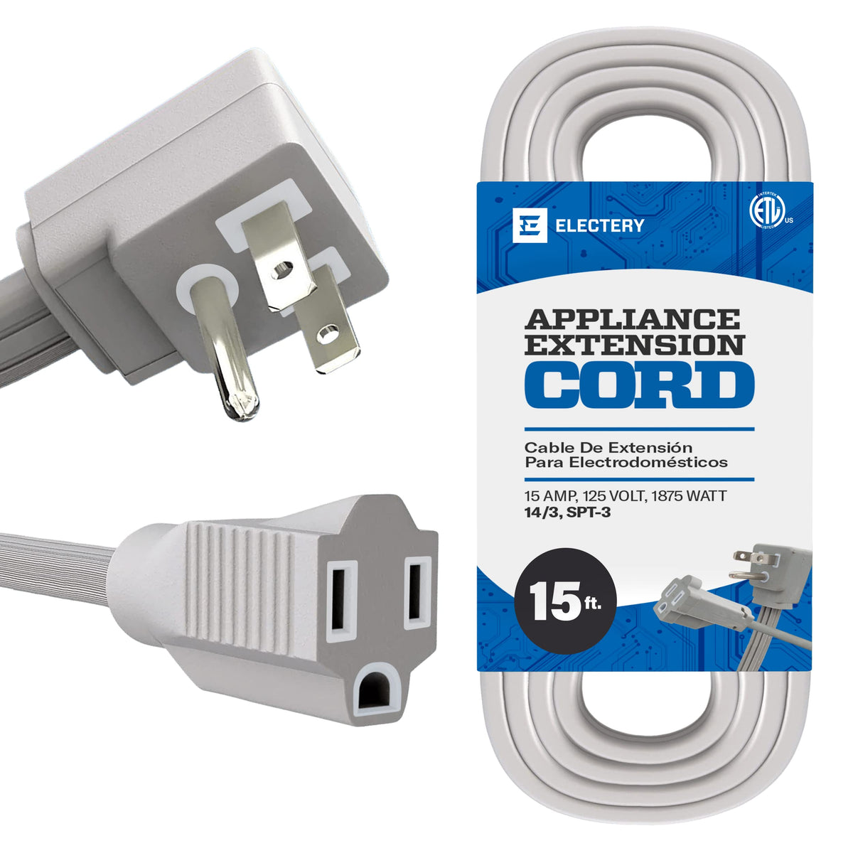 Electery Heavy Duty Appliance Extension Cord, 14 Awg   3 Prong Grounded Flat Plug, Gray Power Wire For Indoor Air Conditioner An