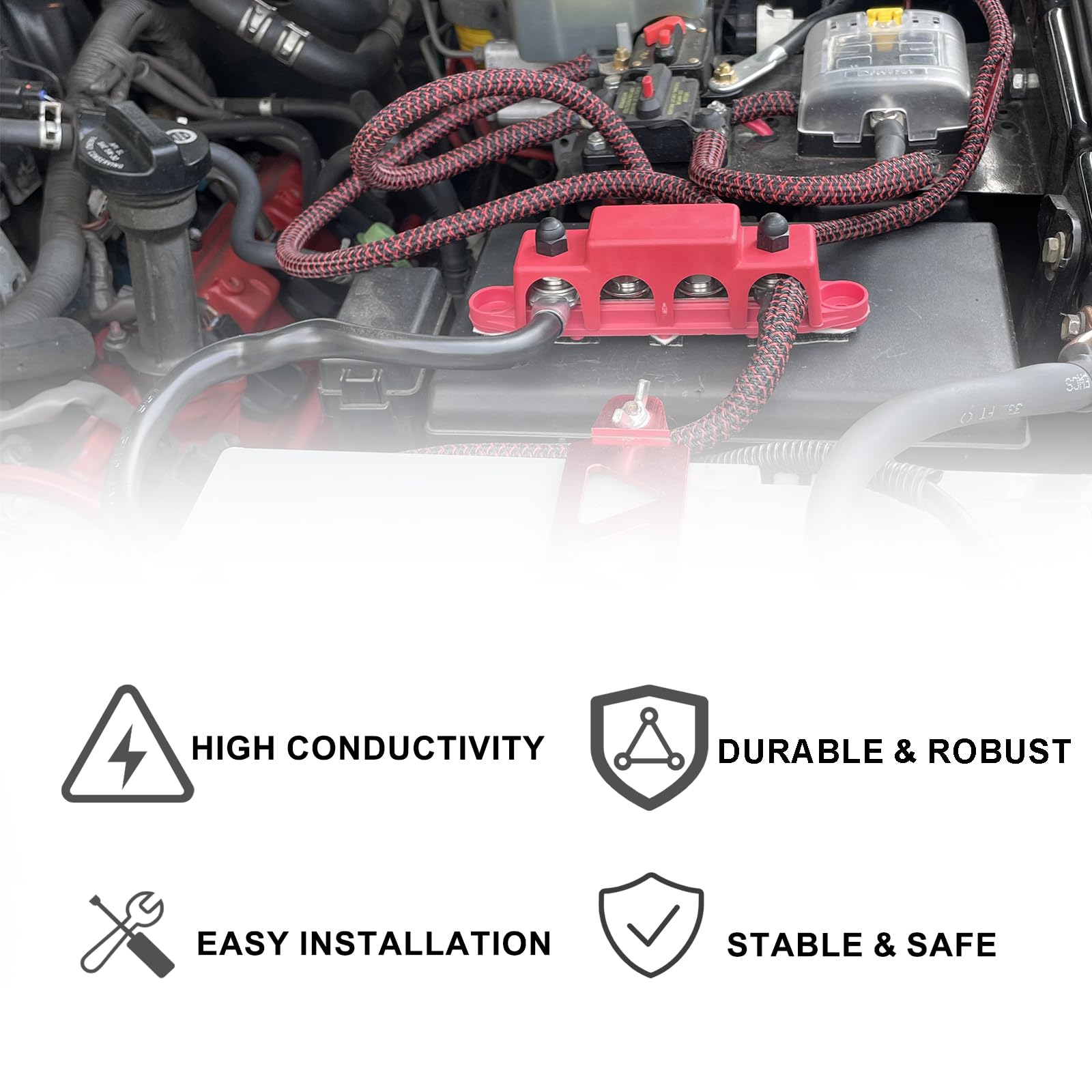 Bus Bar 250A 12V Power Distribution Block With 3/8'' (M10) 4 Posts Terminals Block With Cover For Automotive, Marine, Battery Sy