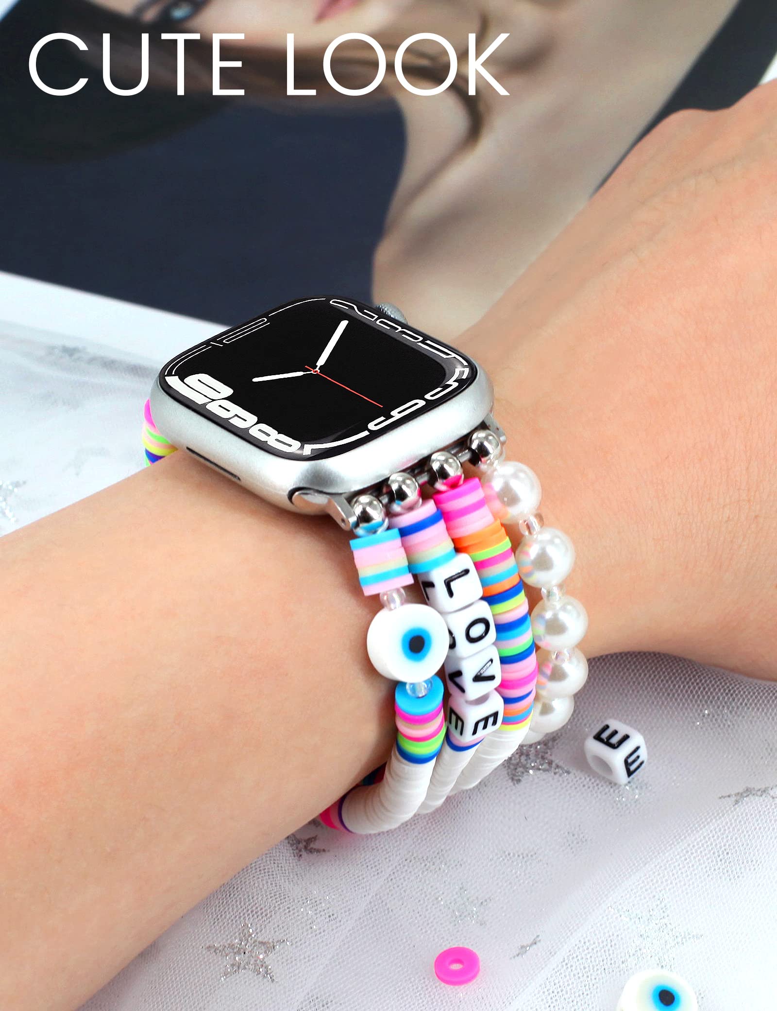 Jr.Dm Beaded Bracelet Compatible With Apple Watch 42Mm 44Mm 45Mm For Women Girls, Cute Fancy Boho Stack Handmade Elastic Watch S