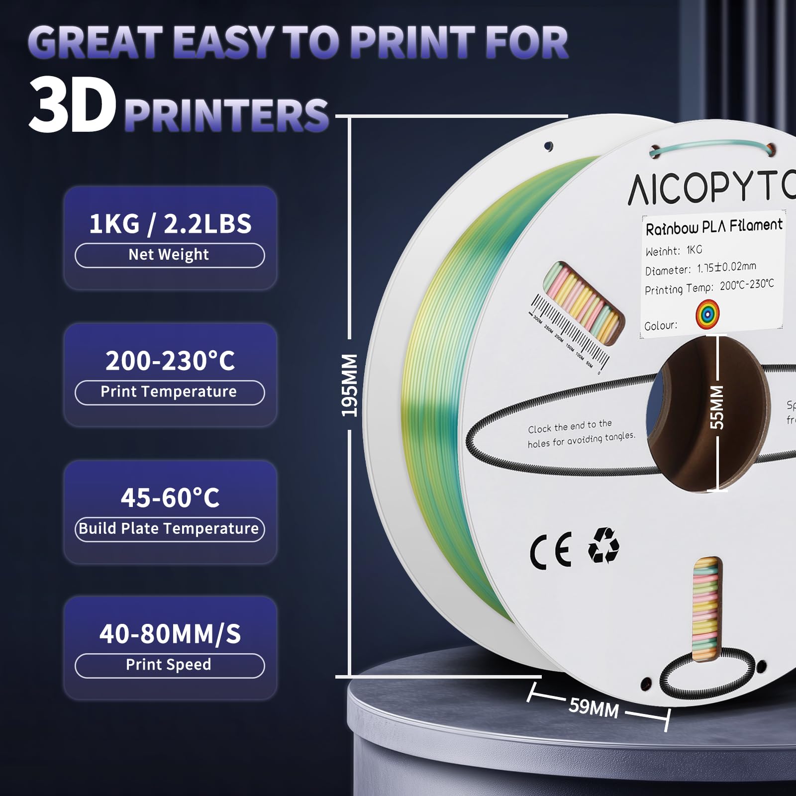 Aicopyto 3D Printer Rainbow Silk Pla Filament 1.75Mm, Multicolor Filament Silk Pla 1Kg Spool (2.2Lbs) Dimensional Accuracy Proba