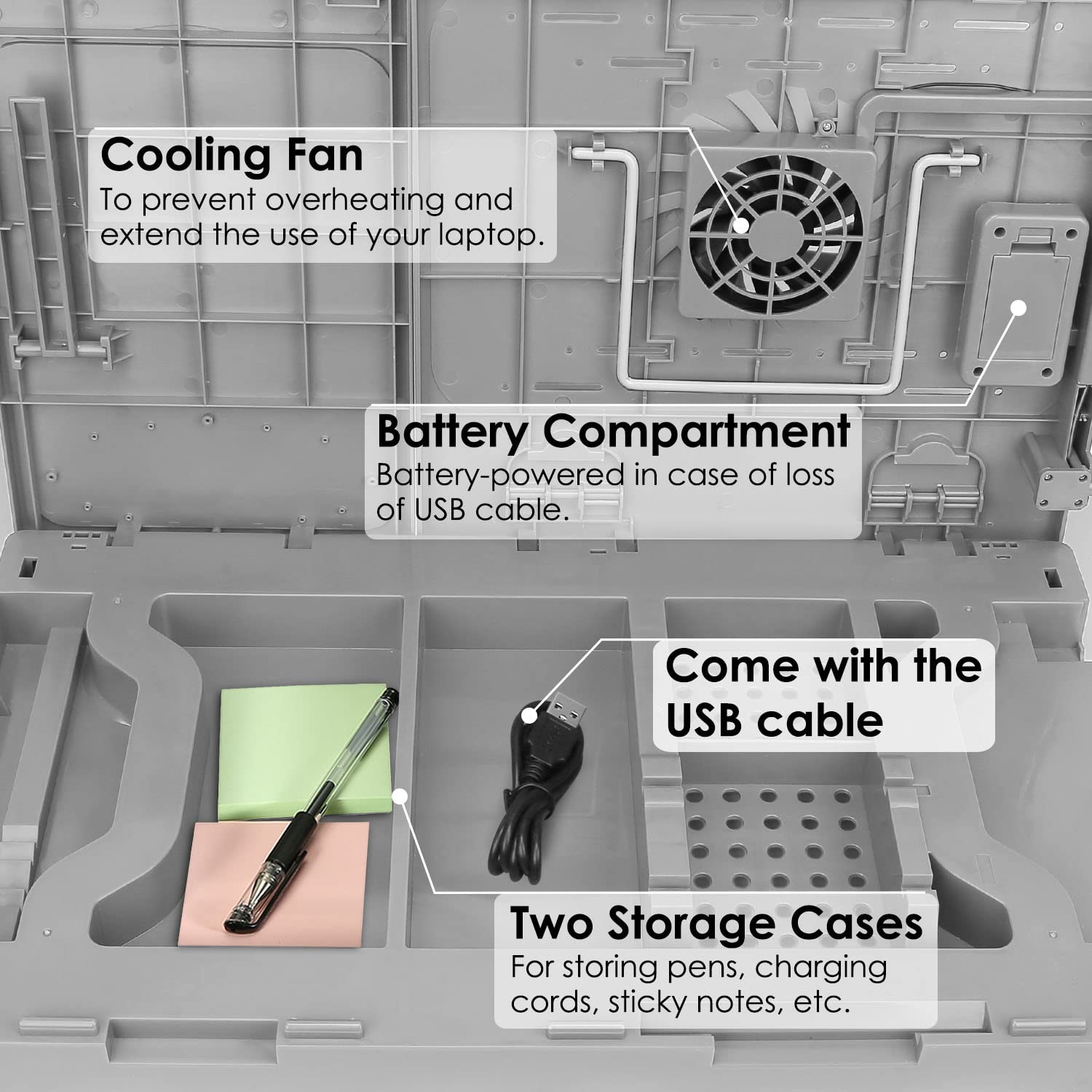 Laptop Stand With Cooling Fan And Mouse Pad,Adjustable Lap Desk For Laptop With Light,Foldable Laptop Table, Lap Stand Bed Tray Desk W/ 4 Usb Port For Bed Couch Sofa Floor (Grey)