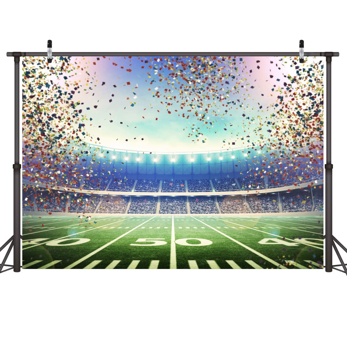 Lywygg 7X5Ft Football Field Backdrop Sport Backdrops Photography Coloured Ribbon Themed Sport Night Spotlight Decorations Photo