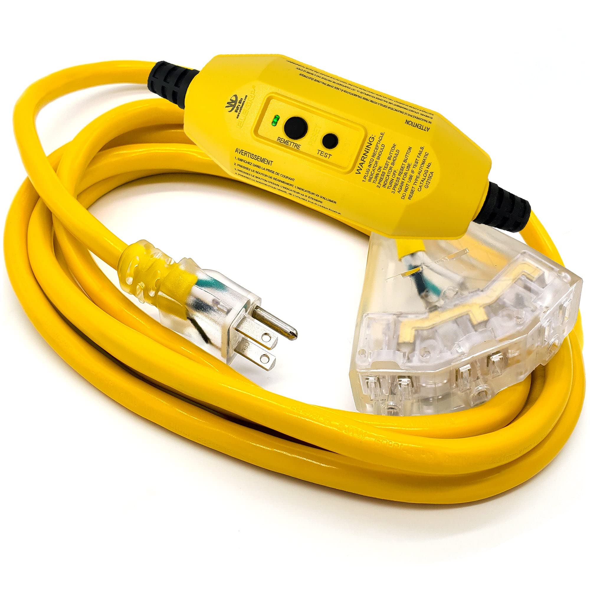 10 Ft   Gfci 12 Gauge Heavy Duty 3 Outlet Sjtw Indoor/Outdoor Yellow Extension Cord By Watt'S Wire   Short 10' 12 Gauge Grounded