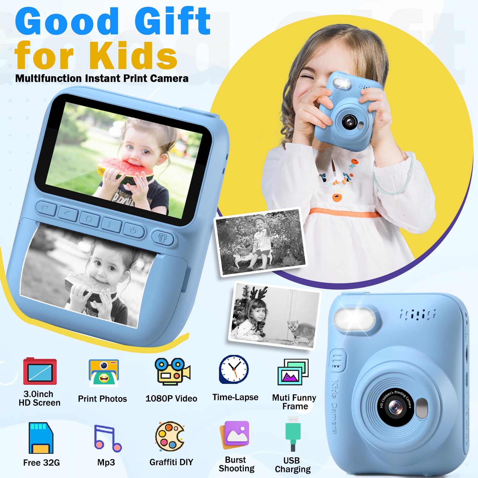 Kids Camera Instant Print, 3.0 Inch Hd Screen, Toddler Camera With Printing Paper, 1080P Video Kids Digital Camera, Birthday Gif