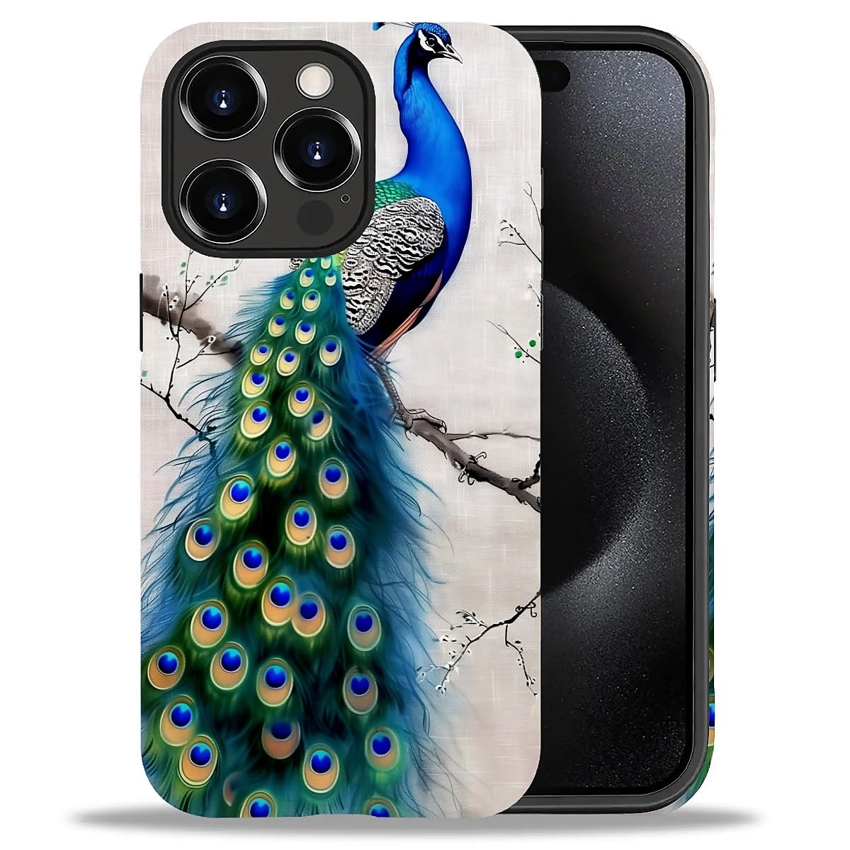 WANKBLC Compatible with iPhone 15 Pro Matte Case, Cute Peacock Tree Art Pattern for Girl Full Body Design Soft Silicone Drop Sho