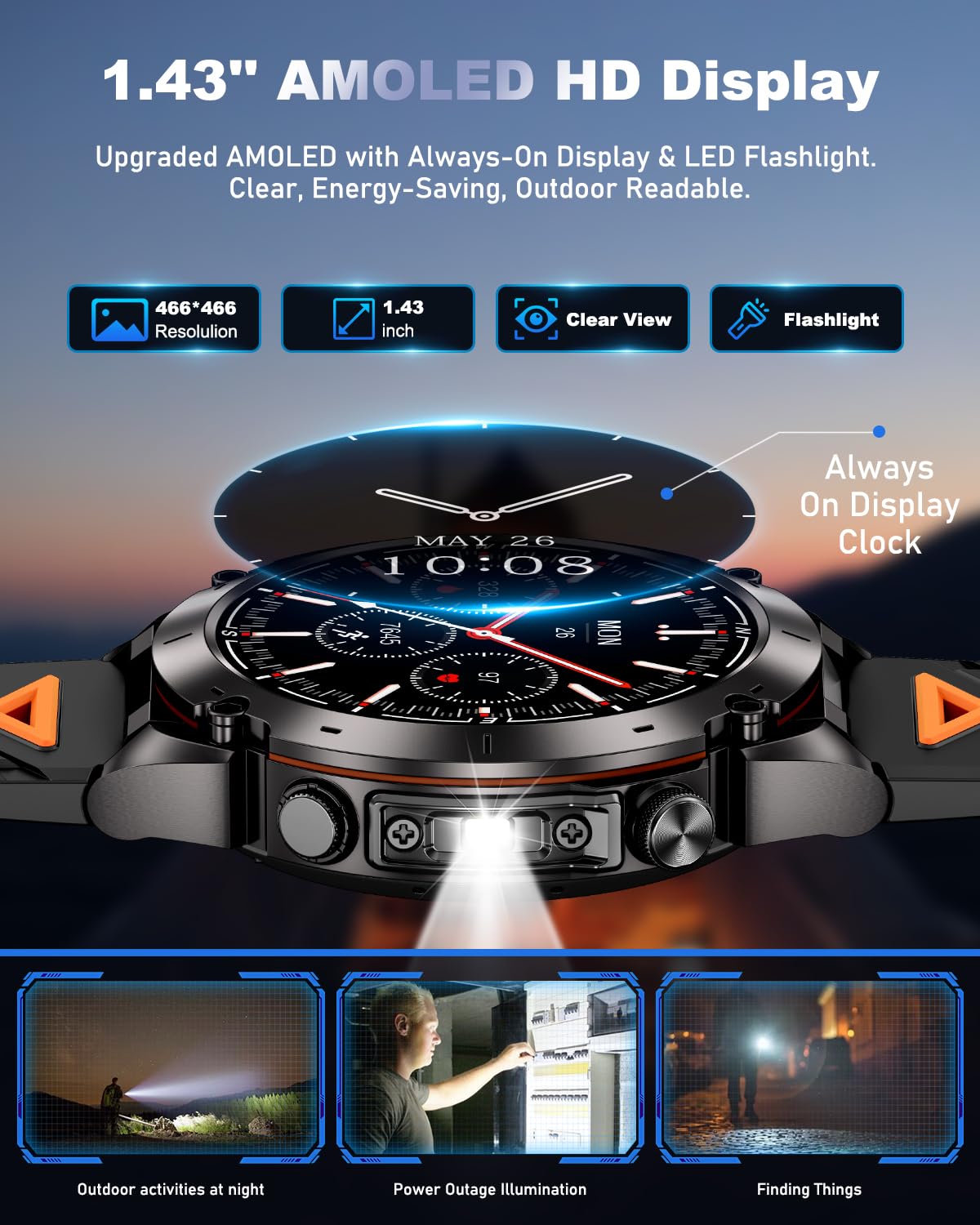 Podoeil Gps Military Smart Watch For Men With Bluetooth Call, 1.43 Amoled Waterproof Smart Watch With Flashlight, 170+ Sport Mod