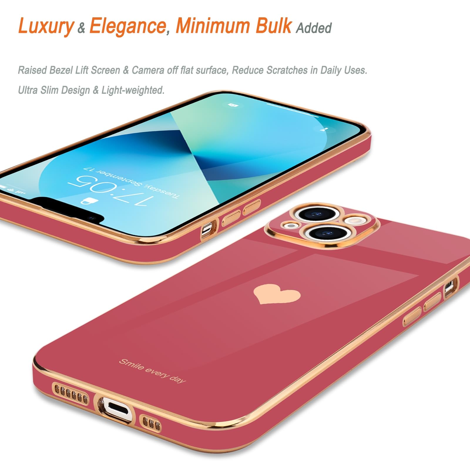 Teageo Compatible With Iphone 13 Case For Girl Women Cute Love Heart Luxury Bling Plating Soft Back Cover Raised Camera Protecti