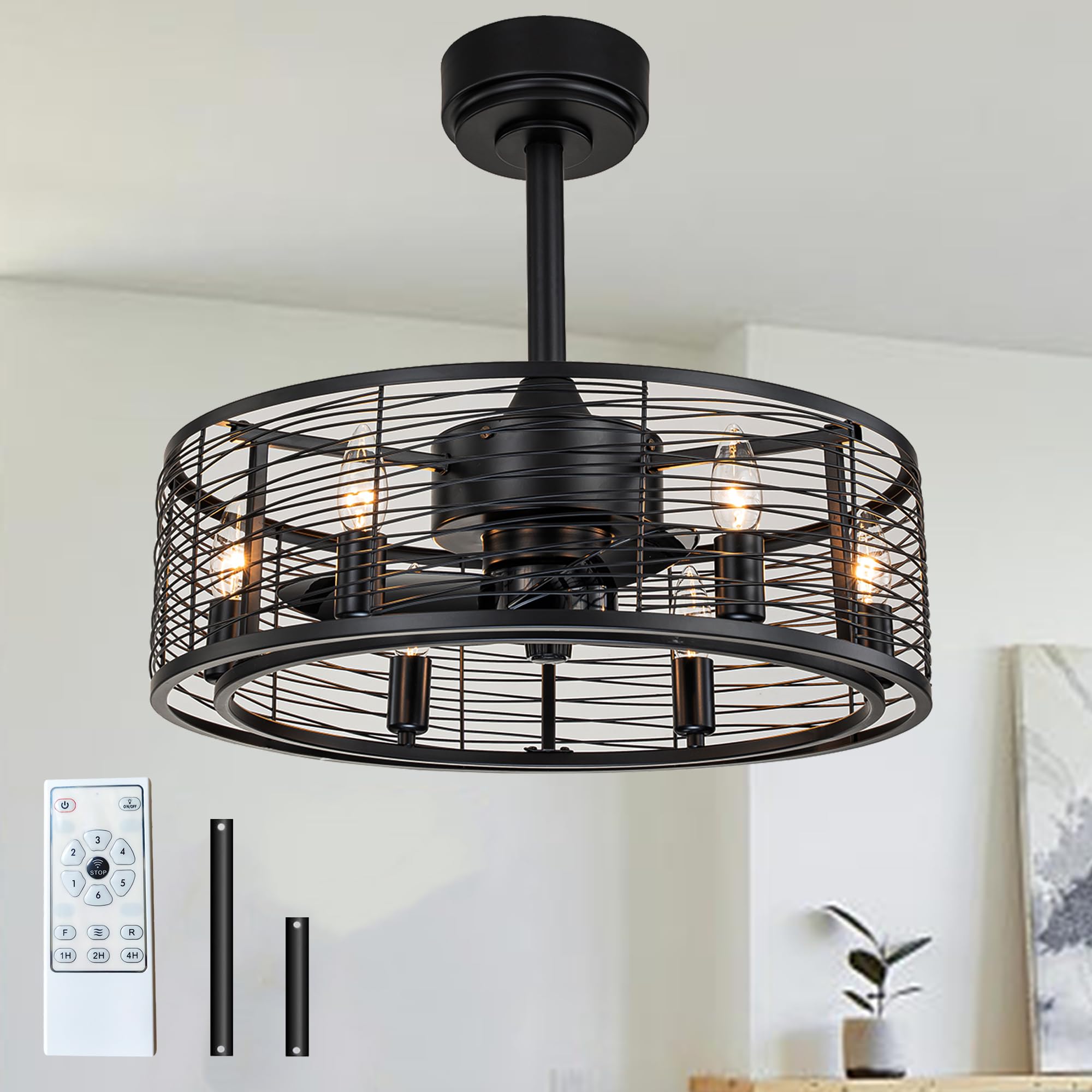 OUPAVOCS Caged Ceiling Fans with Light with Remote Control, Black Farmhouse Ceiling Fan Light Fixture, 20    Chandelier Vintage 