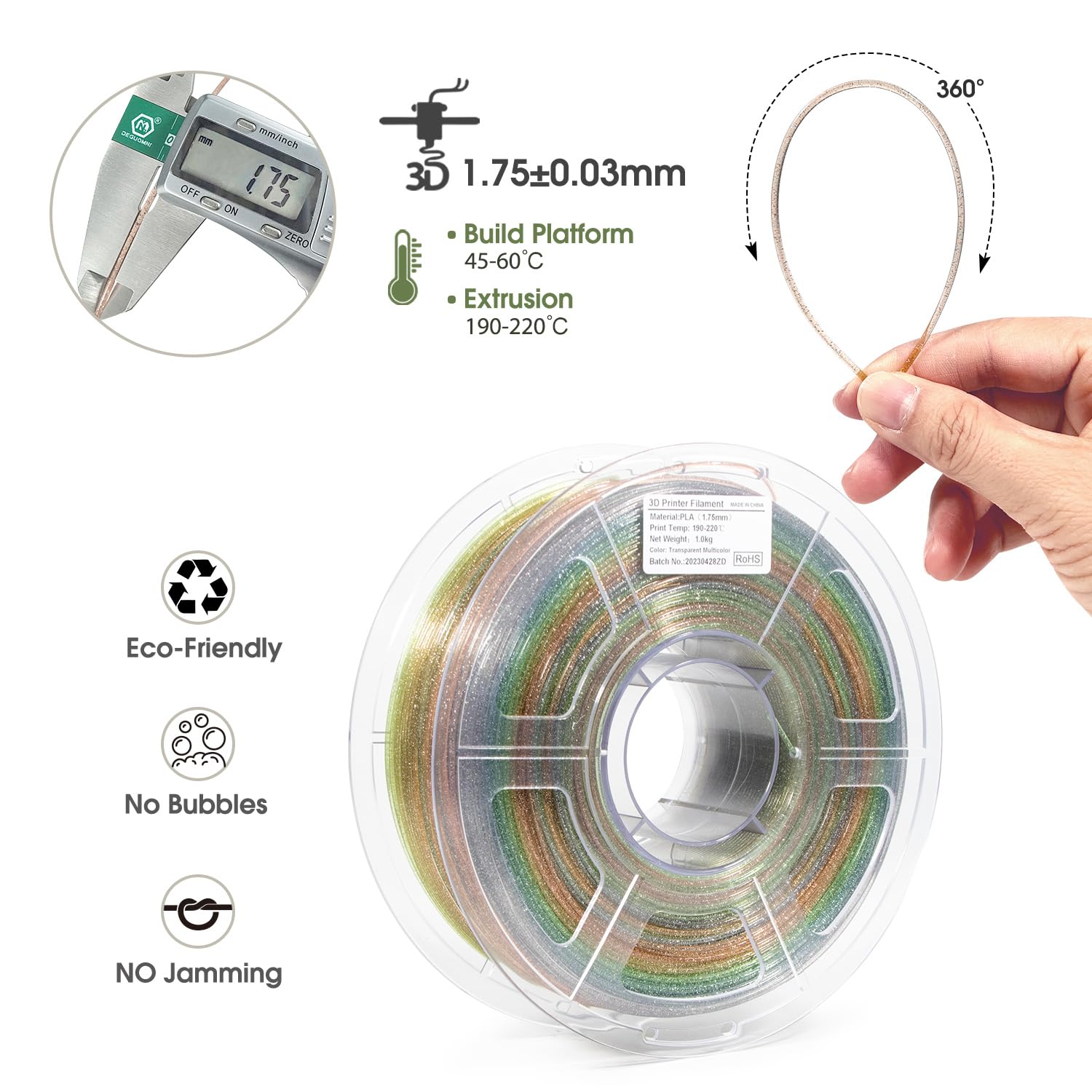 Isanmate Pla Filament 1.75Mm, 3D Printer Filament Transparent Rainbow Filament With Silver Glitter, Dimensional Accuracy +/  0.0