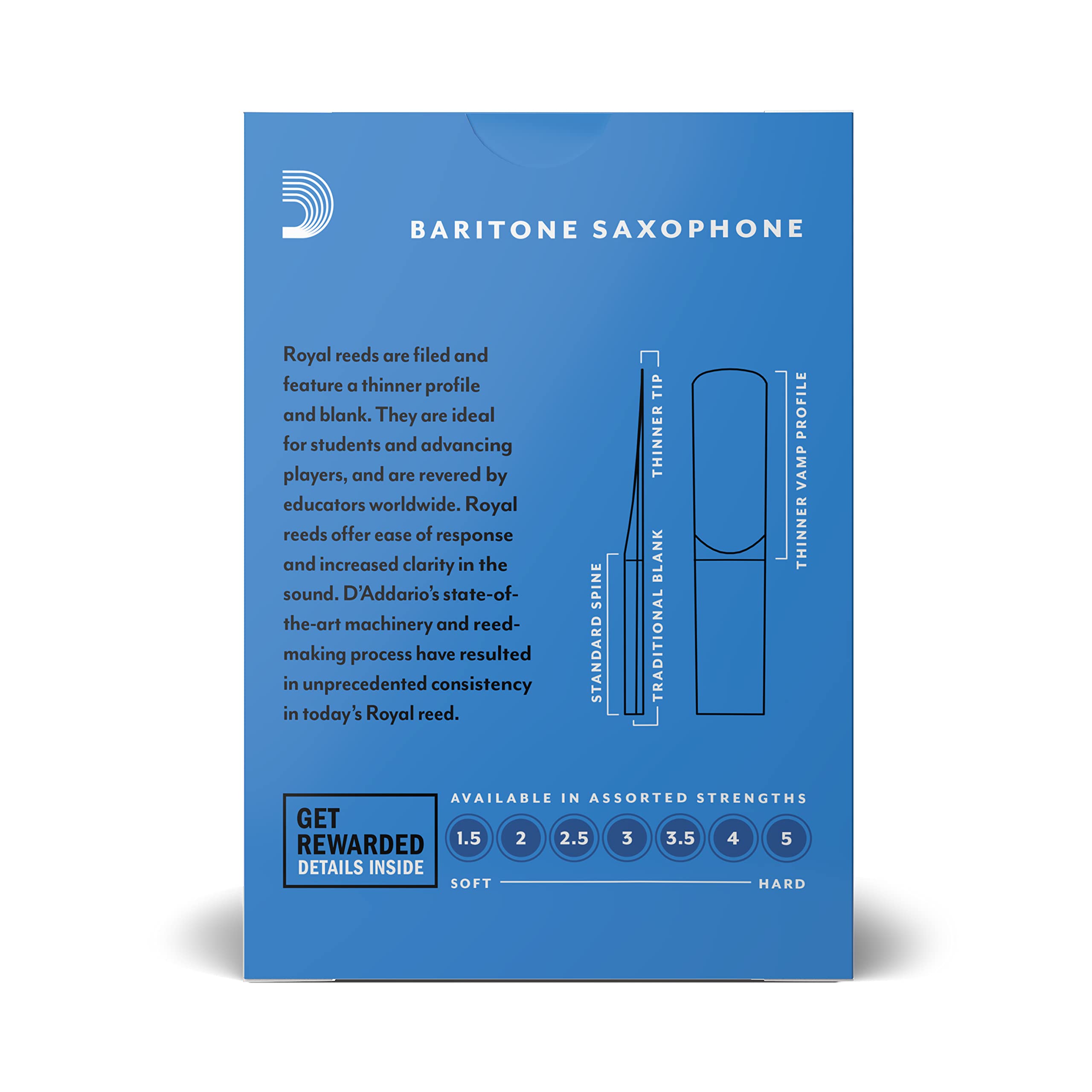 Daddario Woodwinds - Royal Baritone Saxophone Reeds - Baritone Sax Reeds With Strong Spine - Great For Classical Or Jazz - Stre