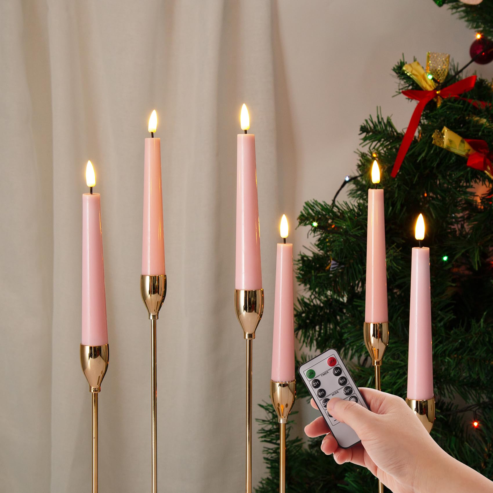 Eywamage Short Pink Flameless Taper Candles With Remote, Flickering Battery Led Wax Candlesticks Set Of 6