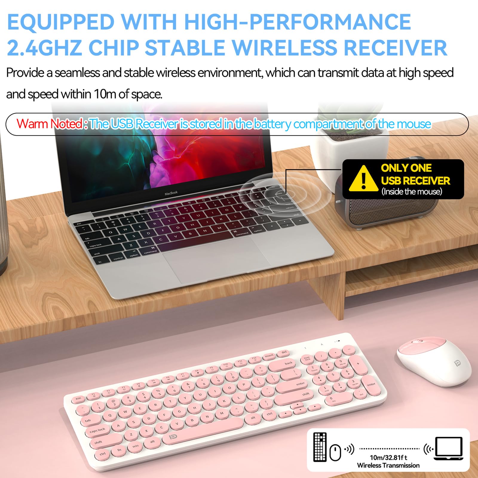 Fd Ik6630 Wireless Keyboard And Mouse Combo   2.4Ghz Usb Cordless, Cute Round Keys, Quiet And Slim Set For Laptop, Computer, Tv,
