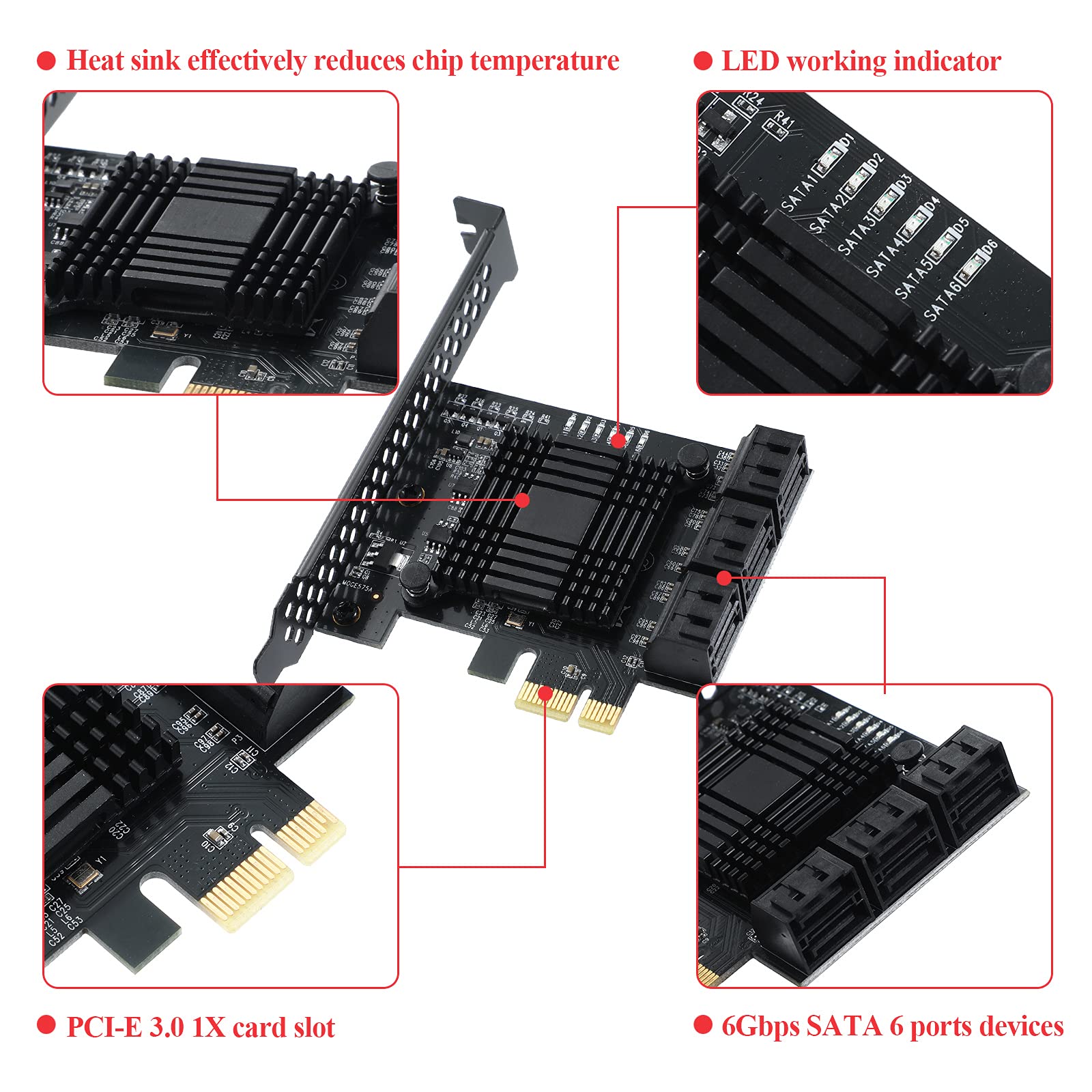 MZHOU PCIe SATA Card 6 Port 6Gbps SATA 3.0 JMB575+1061 Chip