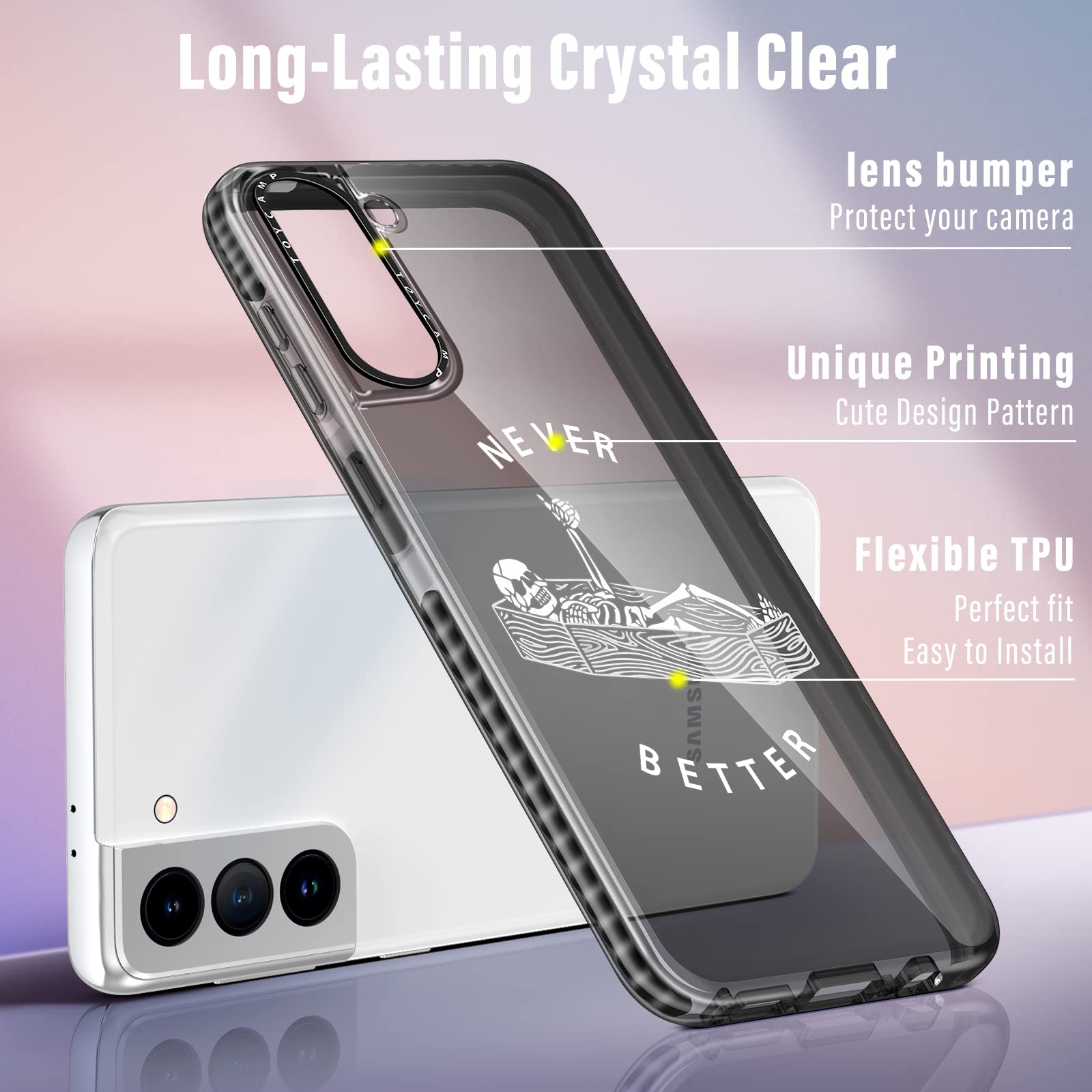 Toycamp Case For Samsung Galaxy S21, Funny Horror Lying Skeleton Skull Design For Women Girls Boys Teens Scary Cartoon Print Cas