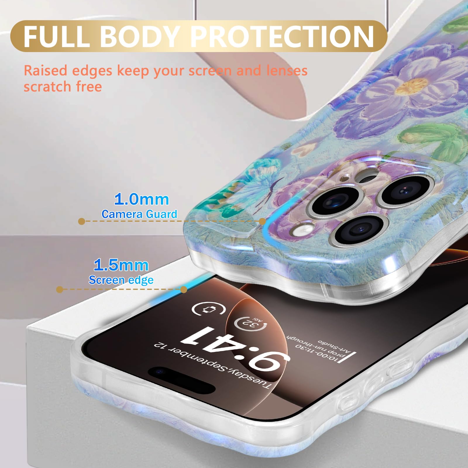 Sheheme For Iphone 13 Pro Max Case [With 9H Screen Protectors] Wave Bumper Colorful Oil Painting Flowers Print Blue Glossy Soft