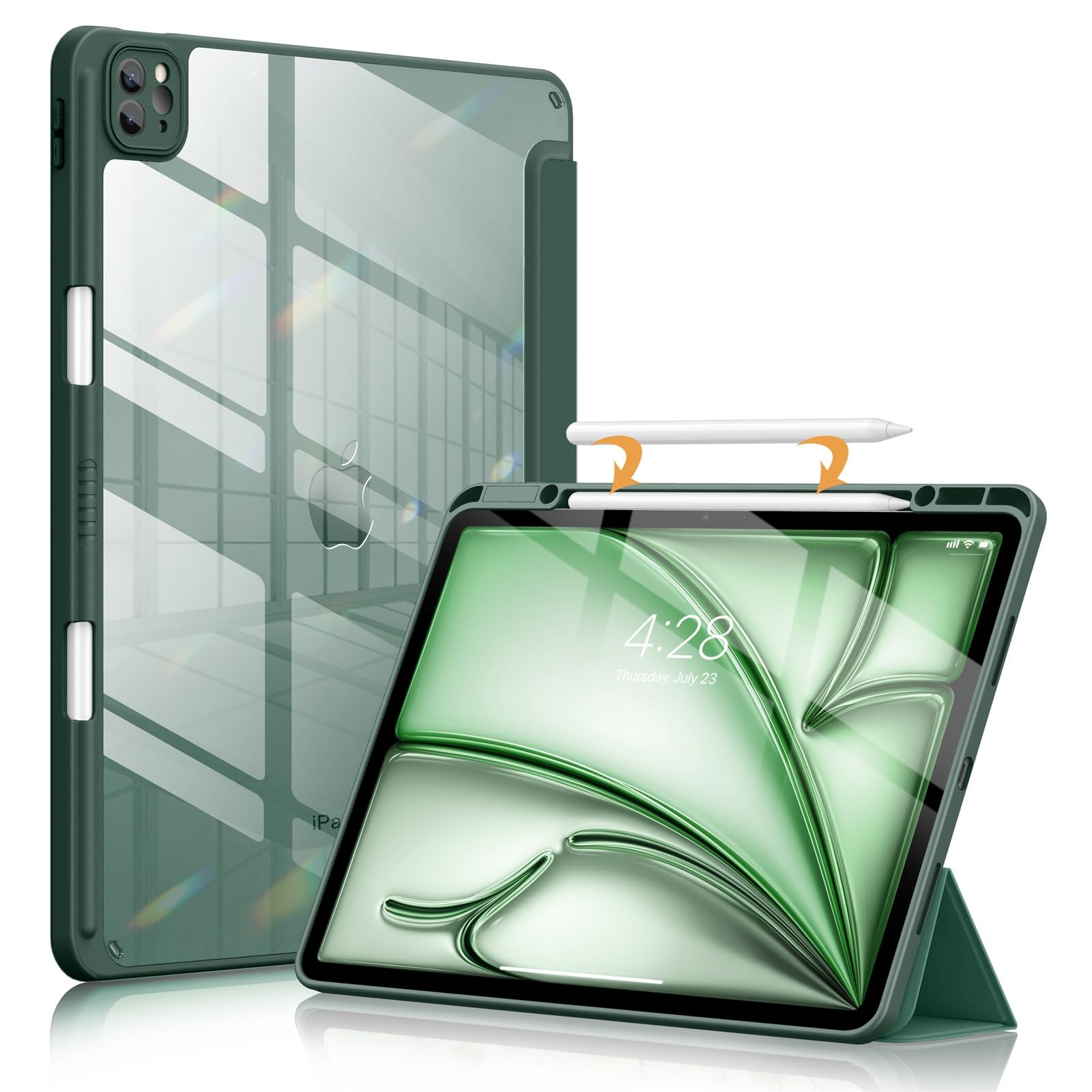 Soke Case For Ipad Air 13 M2 2024/Pro 12.9 (6Th/5Th/4Th Generation, 2022/2021/2020)   Pencil Holder+Auto Sleep/Wake+Camera Protection, Shockproof Back Cover For Ipad Pro 12.9 Inch,New Midnight Green