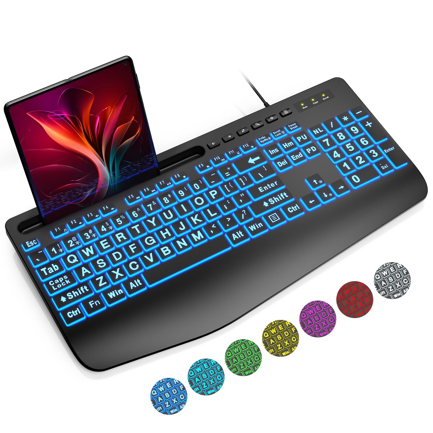 Sablute Large Print Backlit Computer Keyboards, Wired Lighted Usb Keyboards With 7 Color Backlit, Wrist Rest, Phone Holder, Easy